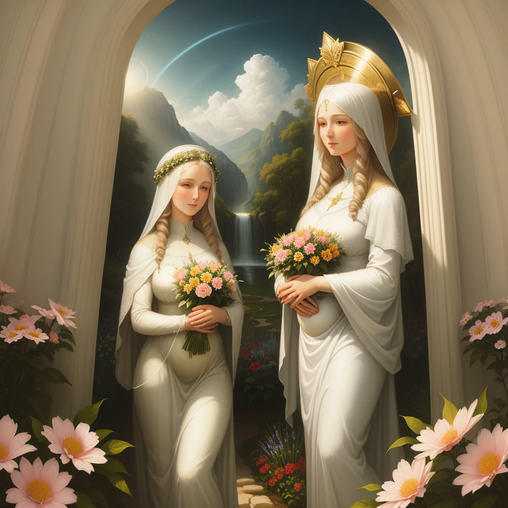 An impressive landscape of Our Lady, surrounded by a bright halo, standing in a flowered garden, with soft rays of sun piercing through the clouds, highlighting her serene and maternal expression, Painting, oil on canvas