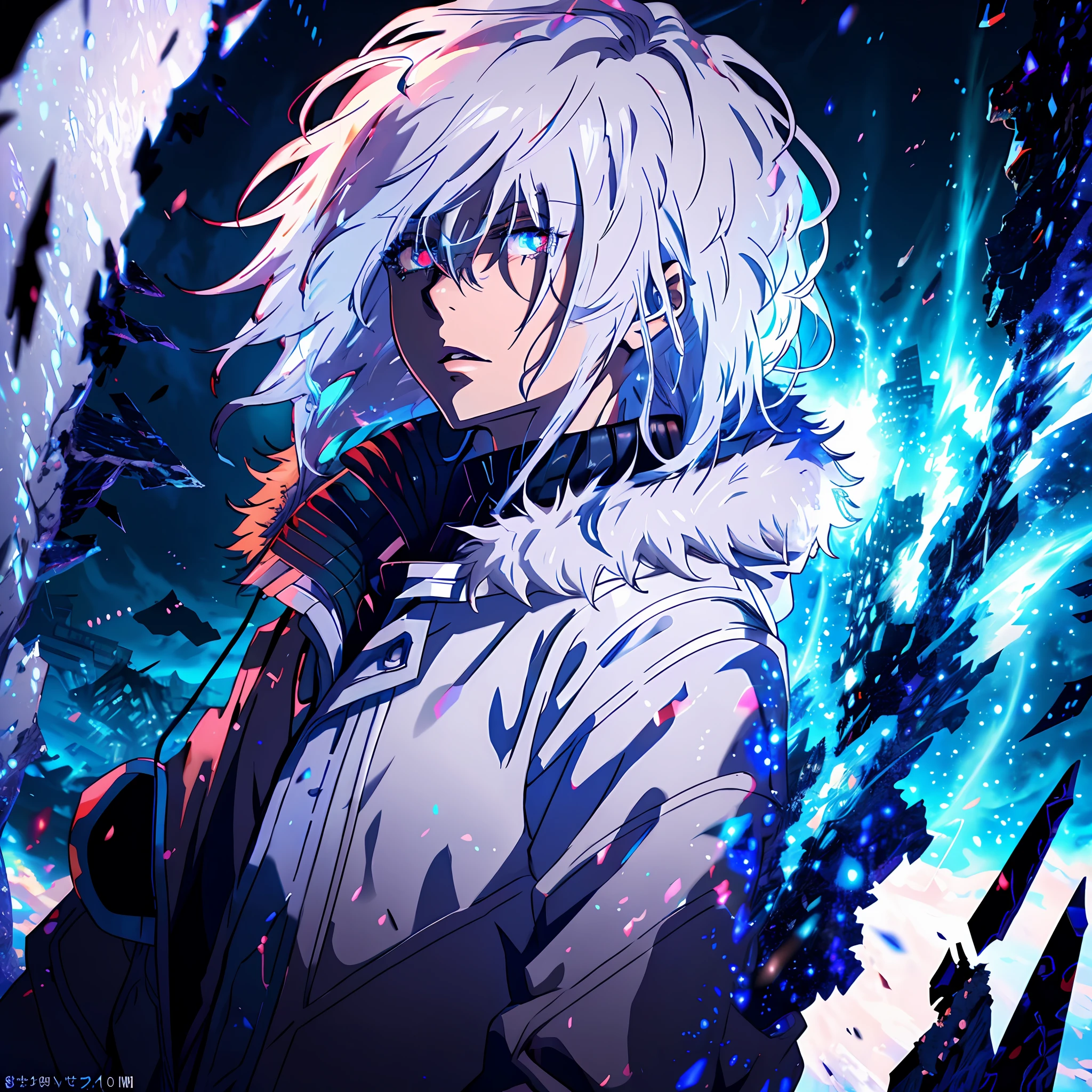 Anime humanoid monster, character design,wearing a fur coat,dark, serious face,boy,messy unkept hair,hair covering right eye, vibrant eye color,red and blue eyes,(white hair), close up shot, creating a crack in reality, powerful aura, destroyed city, very dark,night,8k,64k, HD, unparalleled masterpiece, dynamic lighting, cinematic, epic Highest quality digital art, Stunning art, wallpaper 4k, ultra hyper detailed, highest resolution,super close up shot, profile picture 4k