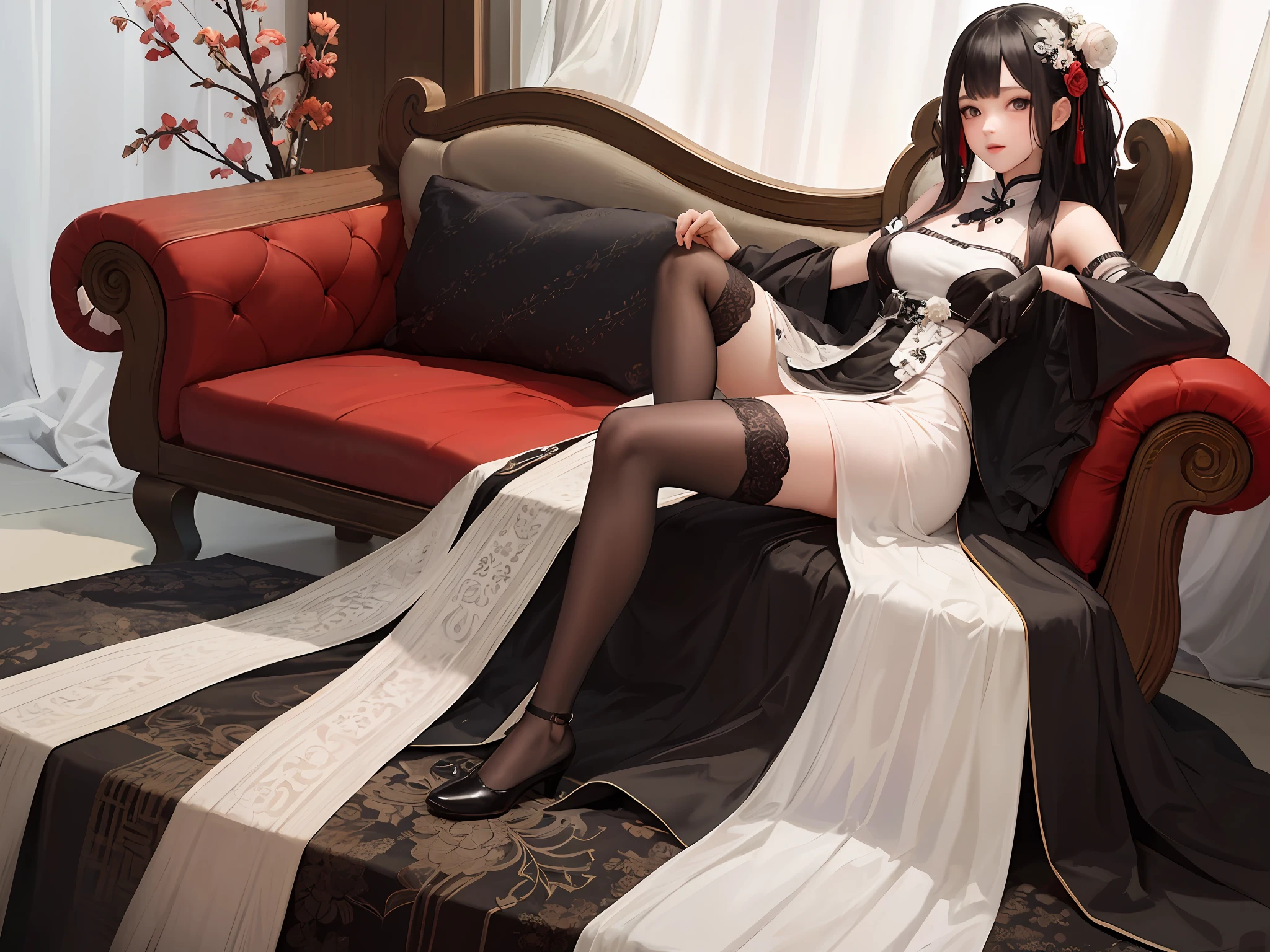 (masterpiece, best quality: 1.2), traditional Chinese ink painting, A cute 18 year old female with medium  breasts, sexy white lace , Oversized dress :1.5, Couch, Ultra-detailed face, Detailed eyes, Double eyelid, sfw , long dress,