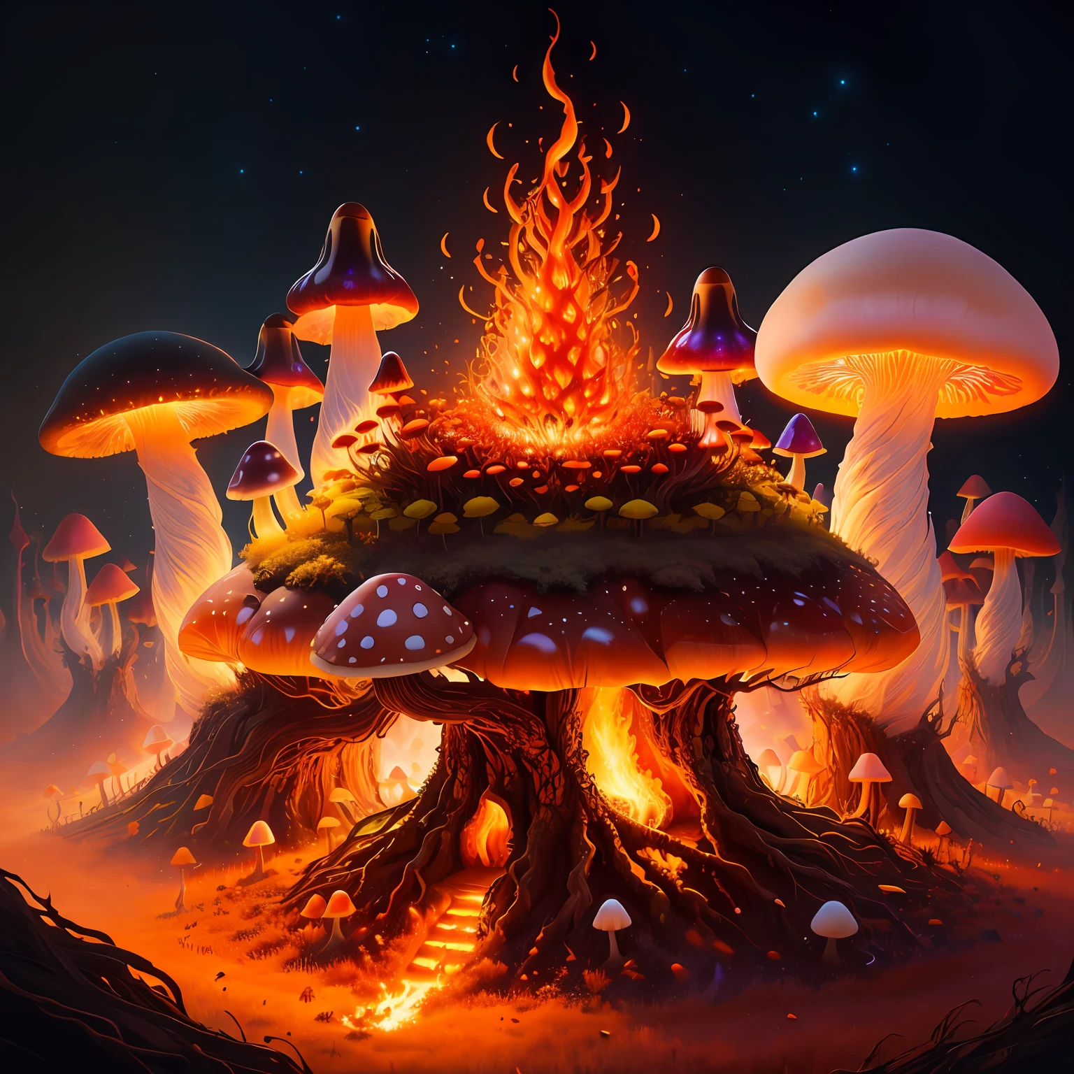 magic mushrooms anthill , fire, fantasy, art, 4k.