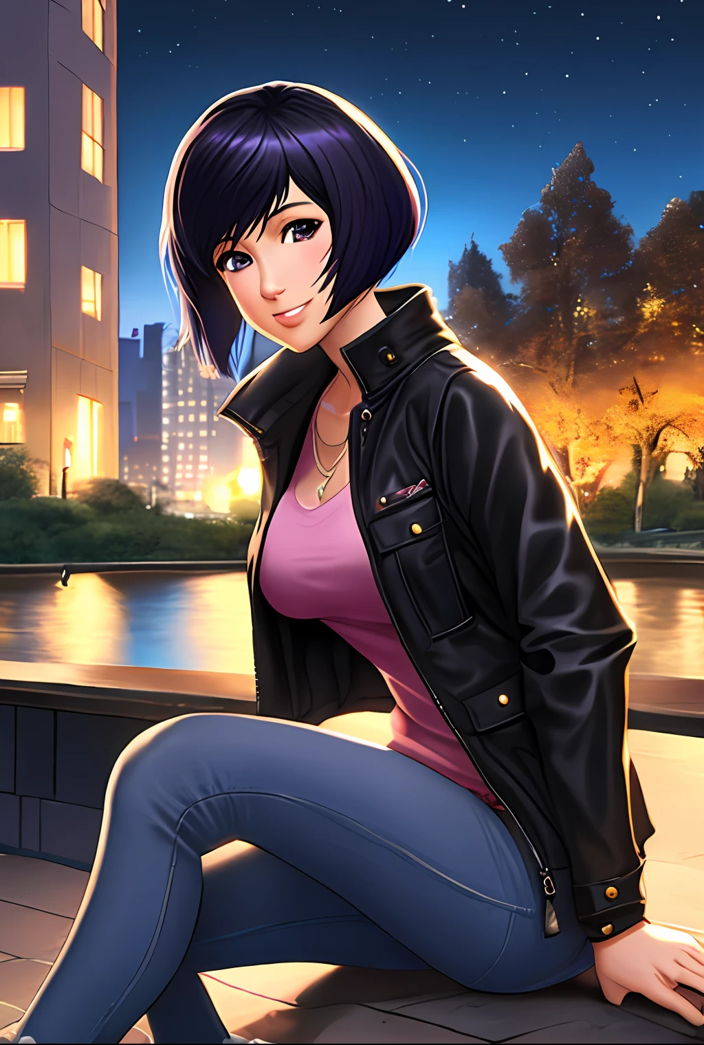 masterpiece, best quality, illustration, beautiful detailed, finely detailed, dramatic light, intricate details, 4k photo, high resolution, Intricate, High Detail, Sharp focus, Motoko Kusanagi, smile, cute, short hair, black jacket, jeans, romantic, outdoor, casual, park, night, lake, sitting