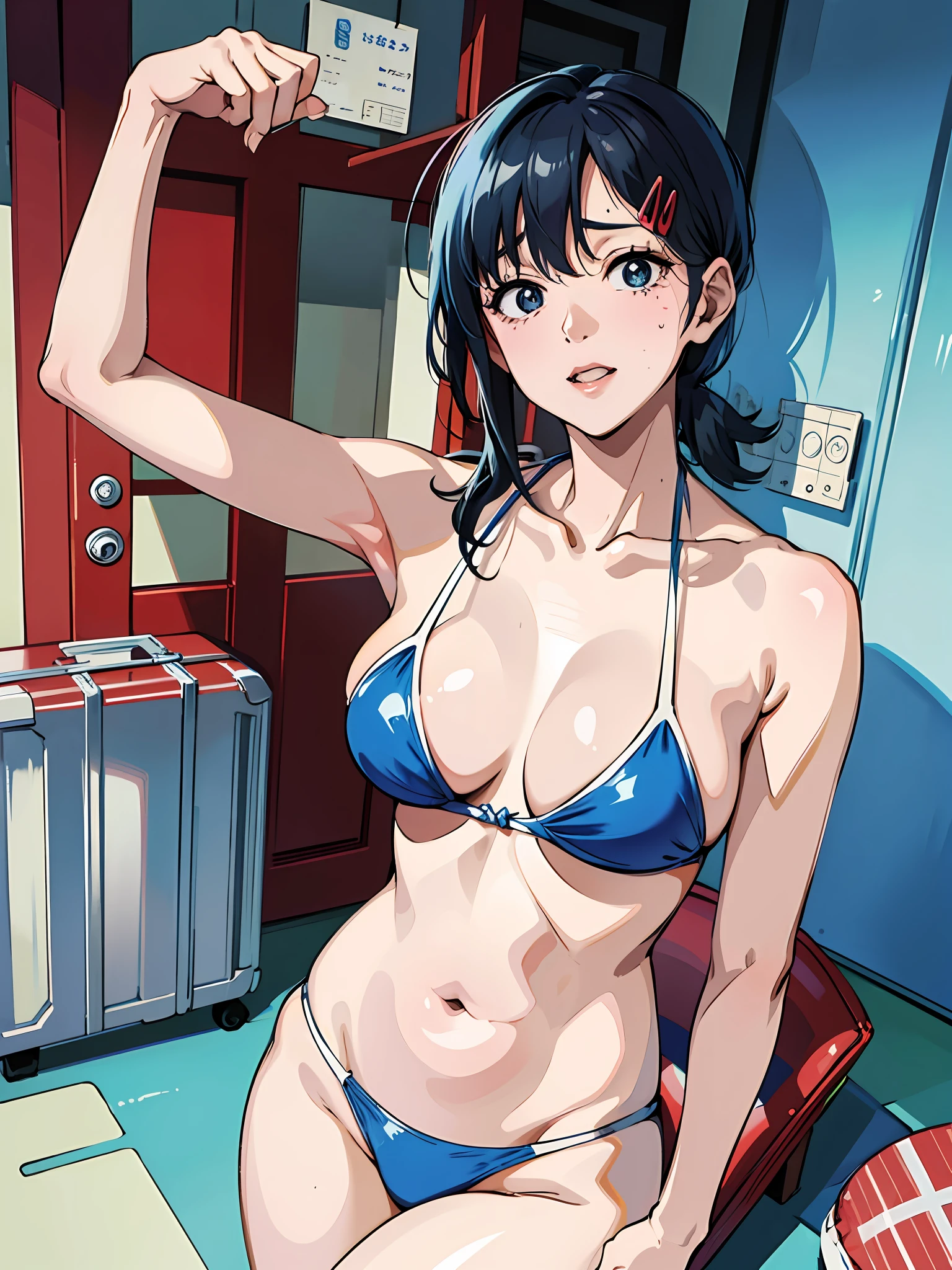 Woman posing with a blue bikini, full body, inside her room, in bikini, Japanese model, swimsuit, wears a swimsuit, sexy girl, super detailed, correct anatomy, 155 cm high