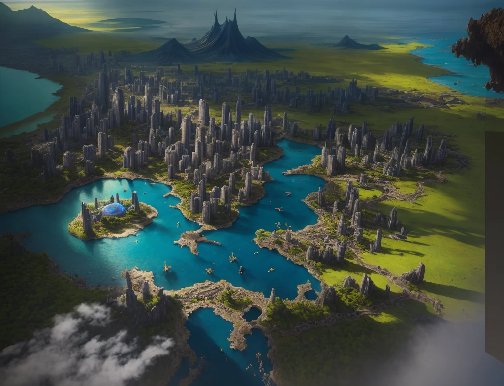Alafid view of the big island with river and city, game map mask painting, concept art highly detailed, final fantasy vll world concept, dota frosted painting concept art, highly realistic concept art, dota! Matte Painting Concept Art, Highly Detailed Concept Art, Conceptual World Art, Matte Painting Mysterious Dota Pixar, 3D Rendering and Matte Painting, Clean, Clear,