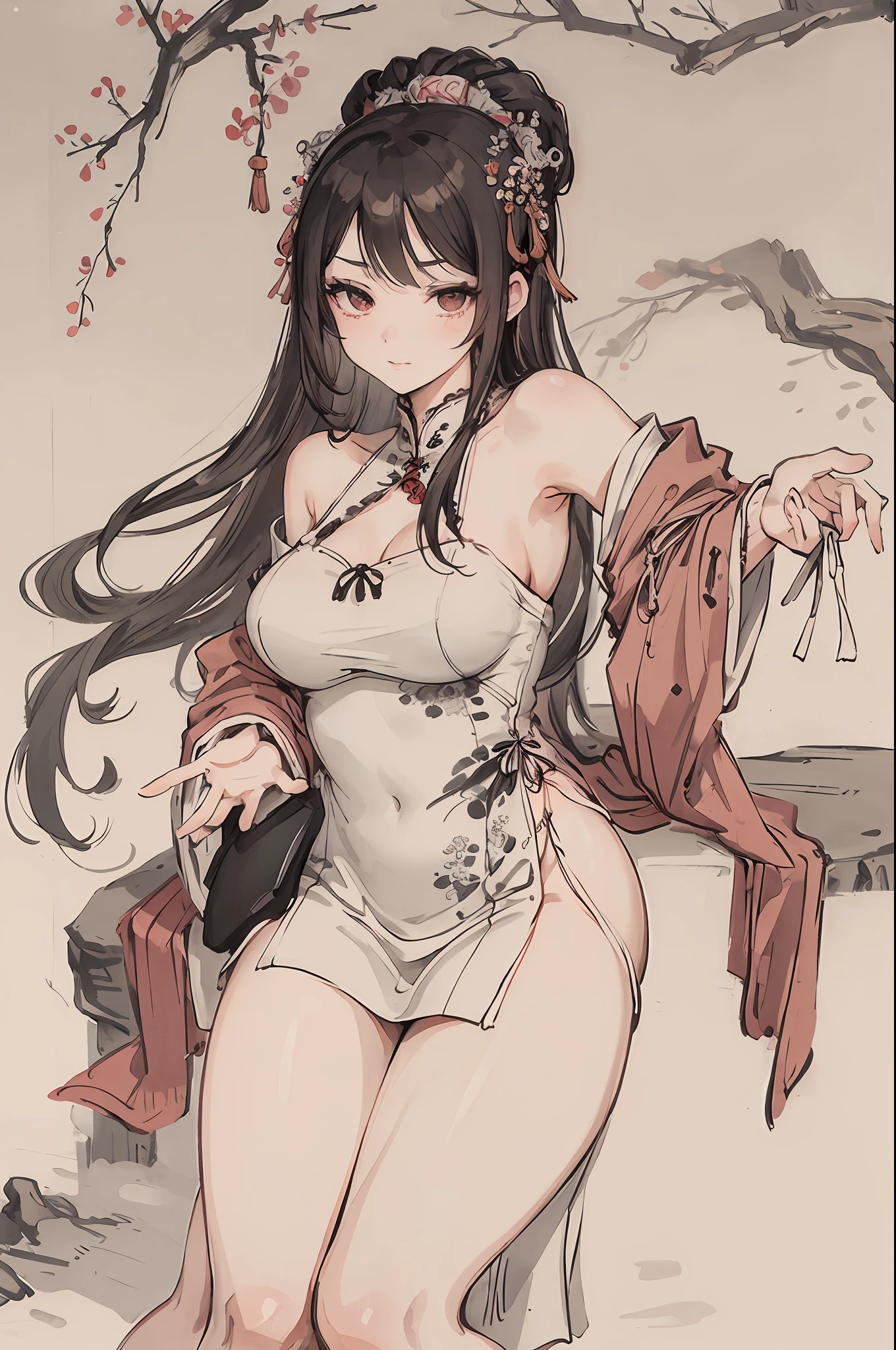 (masterpiece, best quality: 1.2), traditional Chinese ink painting, A cute 18 year old prostitute with big breasts, sexy white lace , Oversized dress :1.5, Couch, Ultra-detailed face, Detailed eyes, Double eyelid, sfw , long dress,