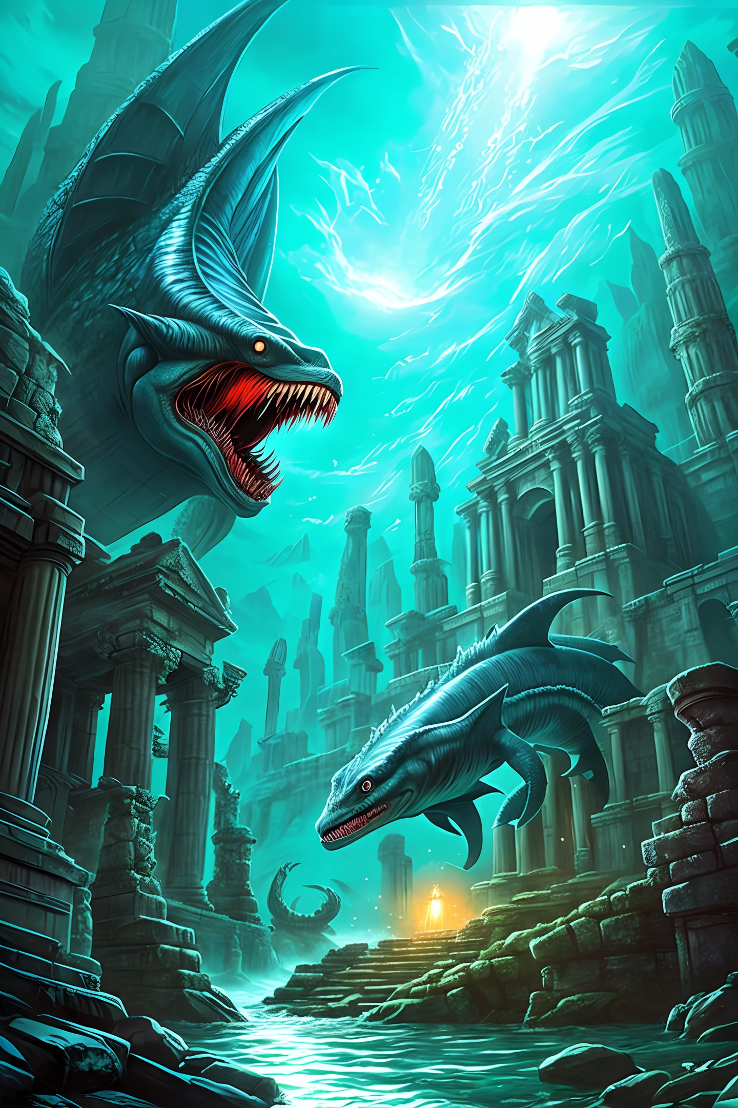 epic deep sea monster lurking under a submerged temple, fantasy, art