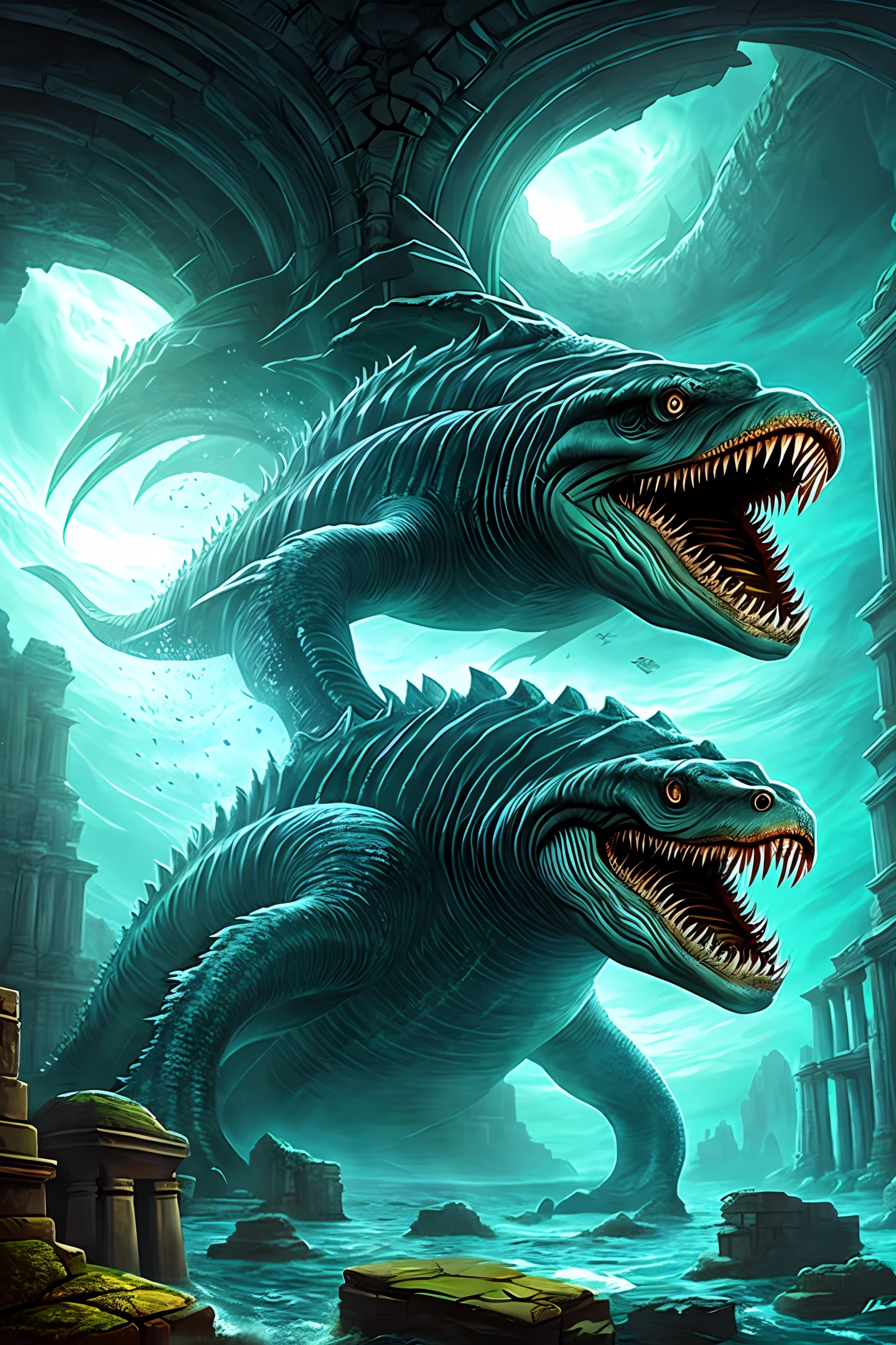 epic deep sea monster lurking under a submerged temple, fantasy, art