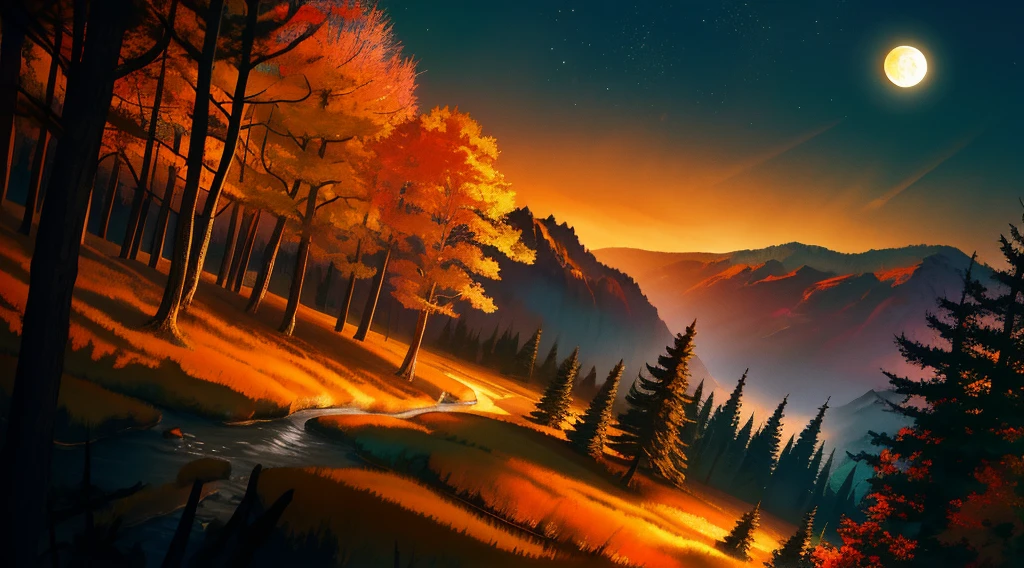 Background woodland, mountains, waterfall, moon, warm colors, clear sky, night, crickets, cinematic lighting, dutch angle, deeply detailed,