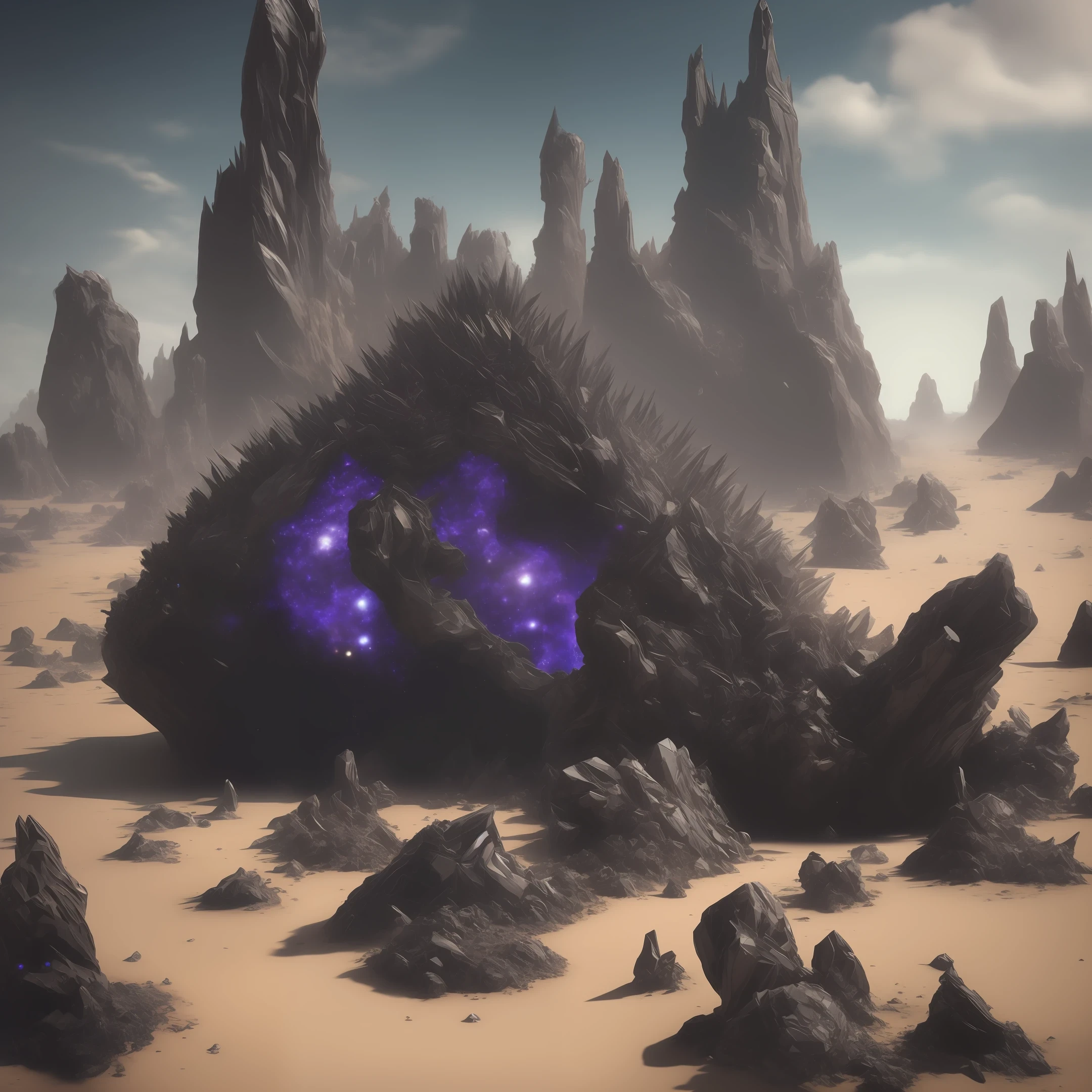 epic ominous alien sanctuary made of giant obsidian spikes leaning against each other with sparkling violet crystals around its body built on sand