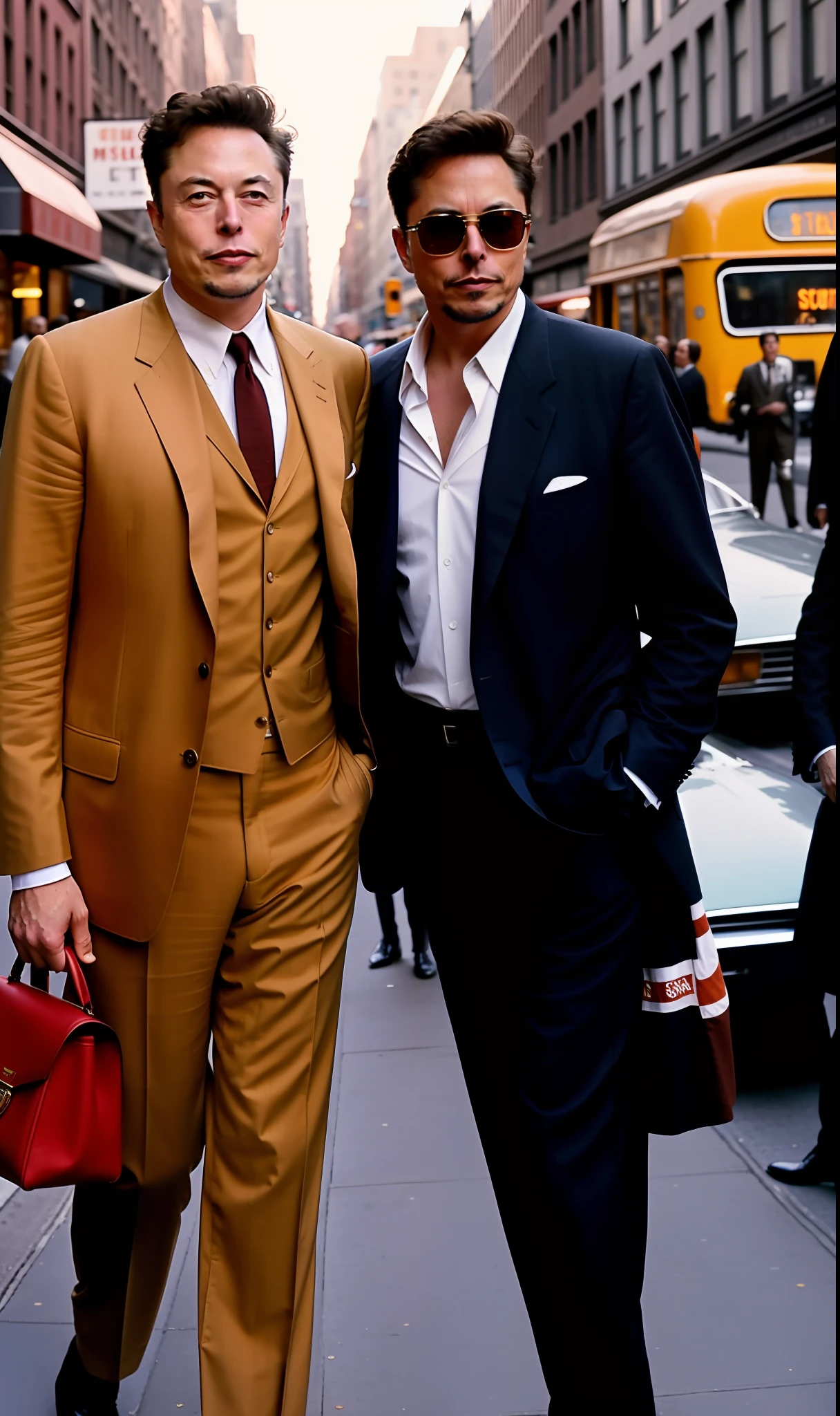 1960s street style photo of elon musk and tony stark in Soho New York, wearing Giorgio Armani suit, sunset, shot on Agfa Vista 200, 4k.