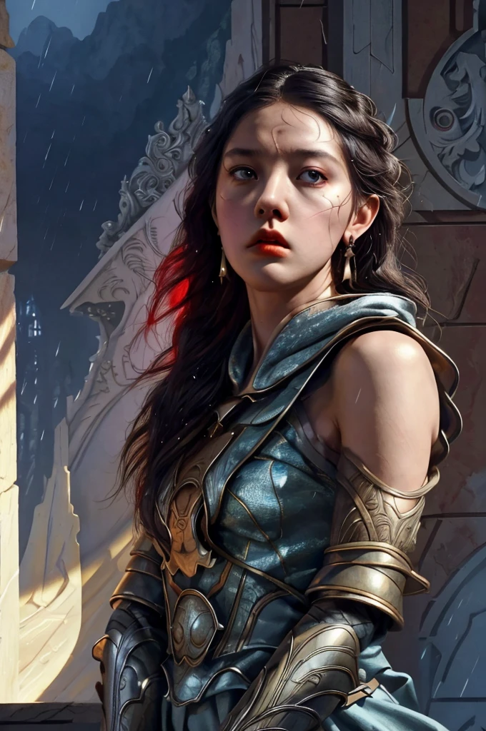 (8k, RAW photos, best quality, masterpiece: 1.2),
1 Girl, Solo, Red Eyes, Jewelry, Earrings, Black Hair, Blood, Hood, Looking at the Audience, Lips, Portrait, Shut Up, Hood, Weapon, Black Cloak, Close Up, Facial Detail, Face Close-up, Gicheme, Street, Rain, (Night: 0.7), (UE Rendering: 1.3), (Soft Light on Face: 1.5), (Dim Light: 1.2), Killer, Fierce Eyes, Killer Image, Delicate Eyes, (Movie Lighting: 1.3), Eyes of Fire, Hair More Than One Eye, (Head Down: 1.1), (3D Unreal Engine: 1.3), Red Eyes, Staring at the Audience, Raindrops, Reflectors, Incandescent Lamps, Yellow Light, Scars on Face, Blood Stains on Face, light skin, fair skin, a close up of a woman in a silver and blue dress, chengwei pan on artstation, by Yang J, detailed fantasy art, stunning character art, fanart best artstation, epic exquisite character art, beautiful armor, extremely detailed artgerm, detailed digital anime art, artgerm on artstation pixiv, armor girl, off-shoulder shirt (realistic:1.2), (realism), (masterpiece:1.2), (best quality), (ultra detailed), (8k, 4k, intricate),(full-body-shot:1), (85mm),light particles, lighting, (highly detailed:1.2),(detailed face:1.2), (gradients), sfw, colorful,(detailed eyes:1.2)(detailed background),detailed landscape, (dynamic angle:1.2), (dynamic pose:1.2), (rule of third_composition:1.3), (Line of action:1.2), moody lighting, tranquil, calm, glow,masterpiece, best quality,masterpiece, best quality, John Singer Sargent, 1boy, elf prince, blonde ponytail, oil painting portrait, simple background,(absurdres, highres, ultra detailed), 2d, cheDark Fantasy,(masterpiece, best quality, ultra-detailed, highres, best illustration),perfect face, ((solo, solo focus)),sidelighting, lustrous skin,(bloom), (shine), ray tracing,(absurdres, highres, ultra detailed), close up, upper body, portrait, focus on head, depth of field, 1woman,