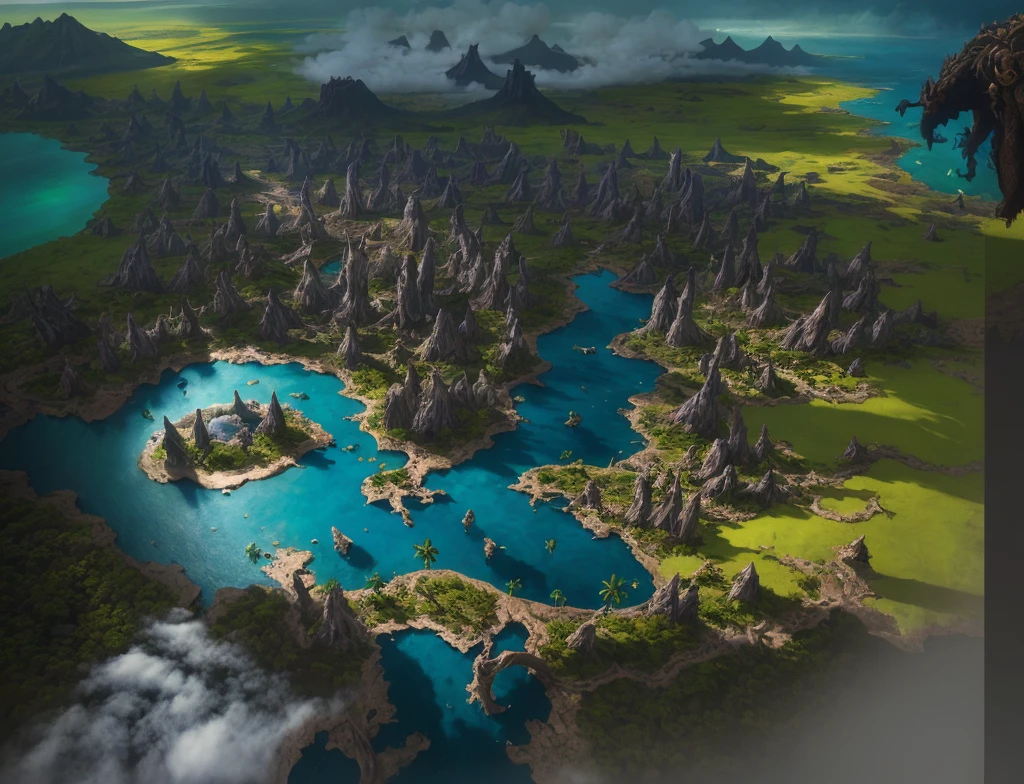 Alafid view of Big Island with river, game map mask painting, concept art highly detailed, Final Fantasy VLL world concept, Dota frosted painting concept art, highly realistic concept art, Dota! Matte Painting Concept Art, Highly Detailed Concept Art, Conceptual World Art, Matte Painting Mysterious Dota Pixar, 3D Rendering and Matte Painting, Clean, Clear,