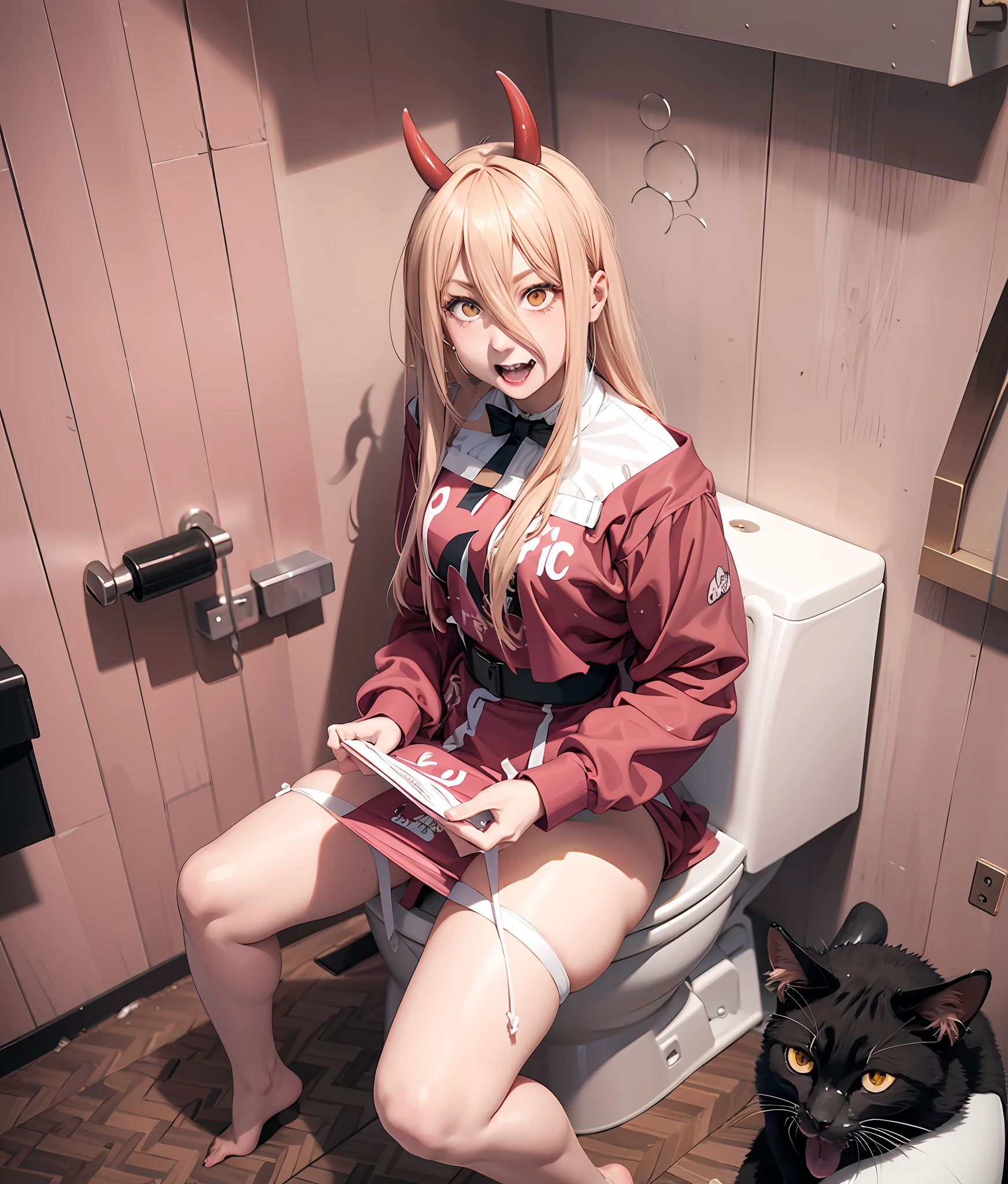 Blonde-haired woman in devil costume sitting on the toilet with cat, sitting on a toilet, demon girl, , demon mika kurai, devil's smile, ((pink)), けもの, cheeky devil, heck, anime girl is crouching, lewd, devil, (pink colors), , guweiz