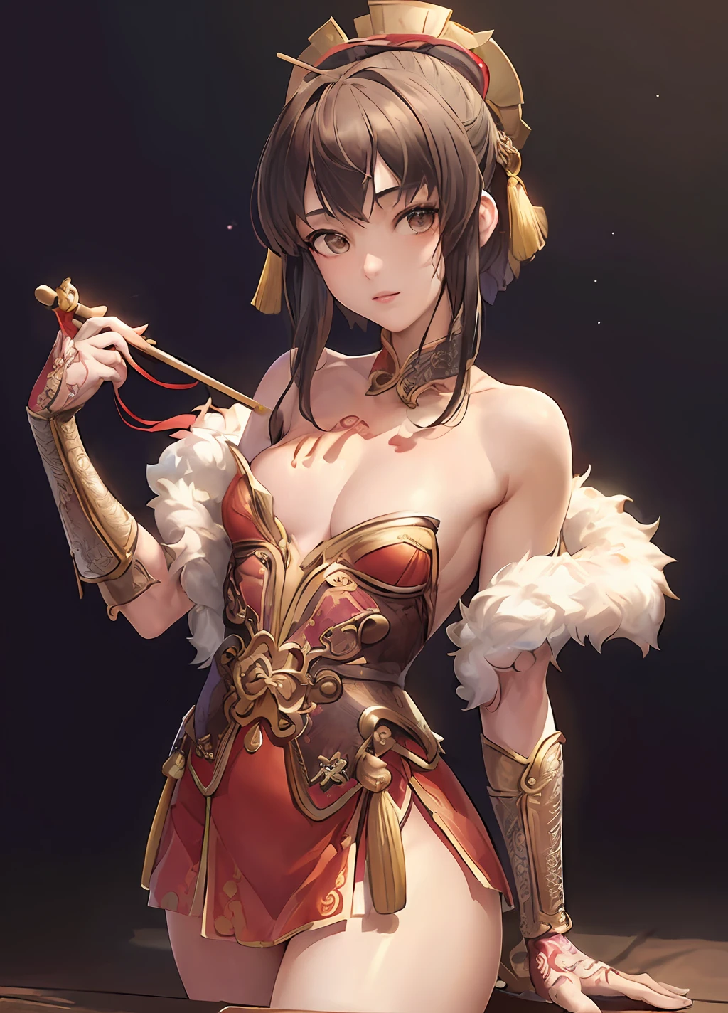 (Masterpiece: 1.2, Top Quality), (Faye, Cowboy Bebop) Real, Three Kingdoms, Ancient China, Space, (Real Image, Intricate Detail, Depth of Field), (1 Girl, Solo), Makeup, By Lips, Very Detailed, Perfect Face, Cleavage, Transparent, NSFW, (Small: 1.1), (Skin Denation), Thick Thighs, Muscular, Skinny, Three Kingdoms Style Armor and Fluffy Clothes, miniskirt, neeso, fight on the battlefield, spear, brave