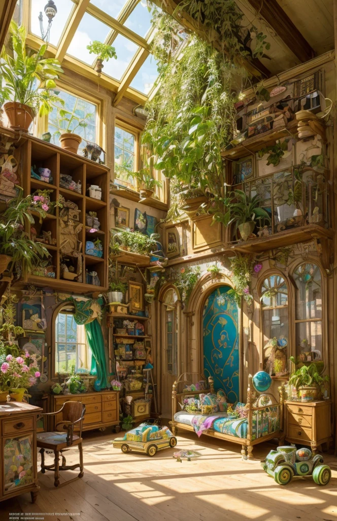 Architectural Digest photo of a {vaporwave/steampunk/solarpunk} ((Child room)) green, with a lot kid toys, with dolls, with a big bed, with flowers and plants, golden light, hyperrealistic surrealism, award-winning masterpiece with incredible detail, breathtakingly epic