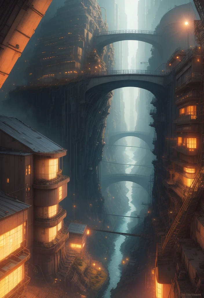 sci-fi cyberpunk city, bridges, deep ravine rift in the middle, terraced streets, reactors, breeder, oil refinery, cars, sunny days, industrial architecture, masterpiece, best quality, high detial, hyper realistic