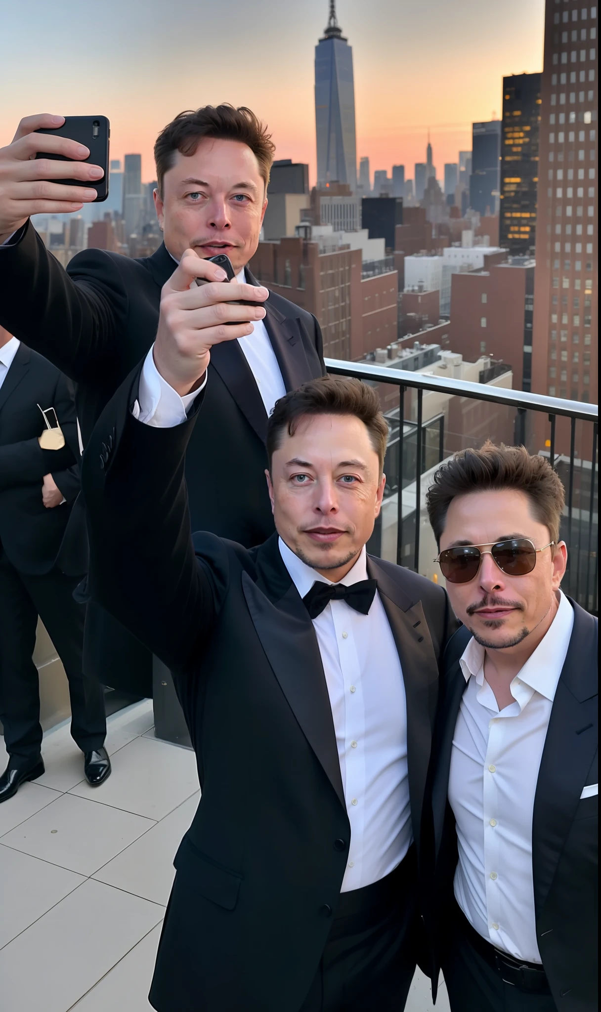 ((2 men)),selfie photo of elon musk with tony stark in Soho New York, wearing Giorgio Armani suit, sunset,4k.