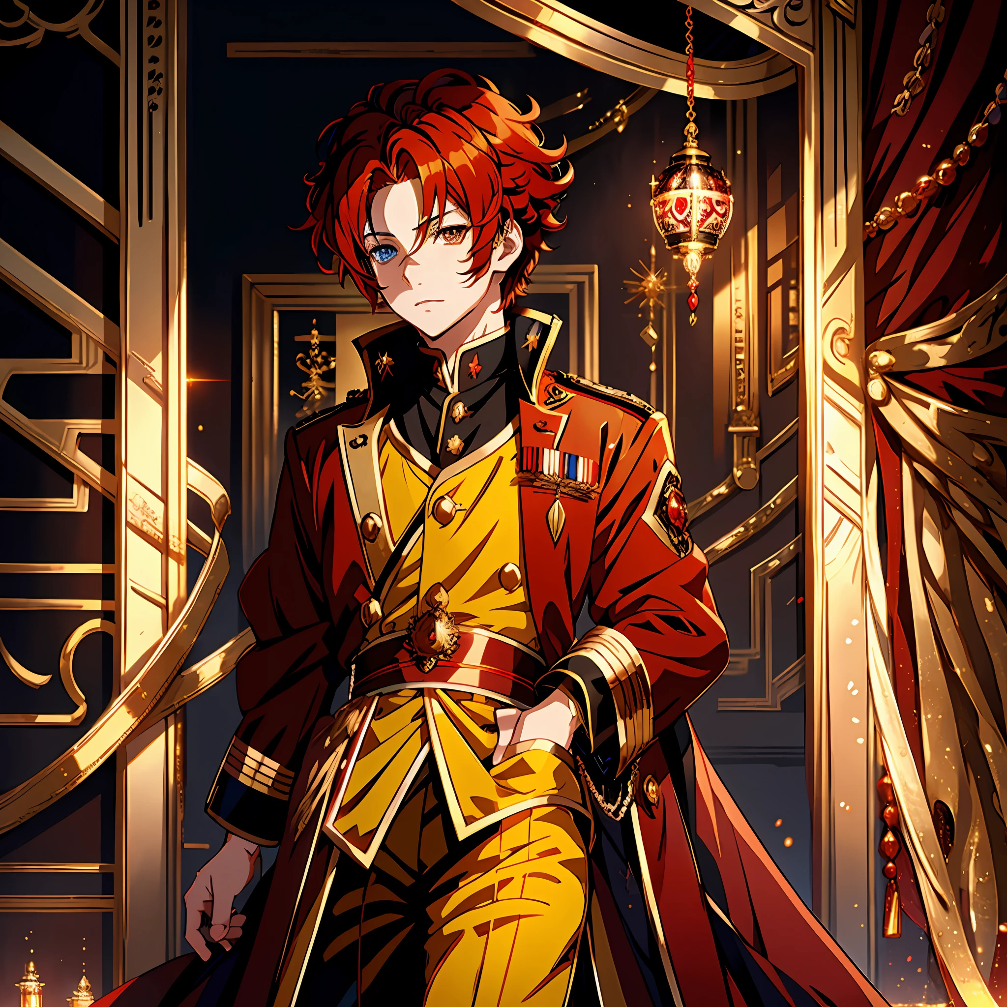 Anime boy,red and gold hair, royalty, royalty hair style,elite uniform,gold and red eyes, heterochromia, close up shot, extremely detailed eyes, glowing eyes, highest quality digital art, Stunning art, wallpaper 4k,8k,64k, HD, unparalleled masterpiece, dynamic lighting, cinematic, epic