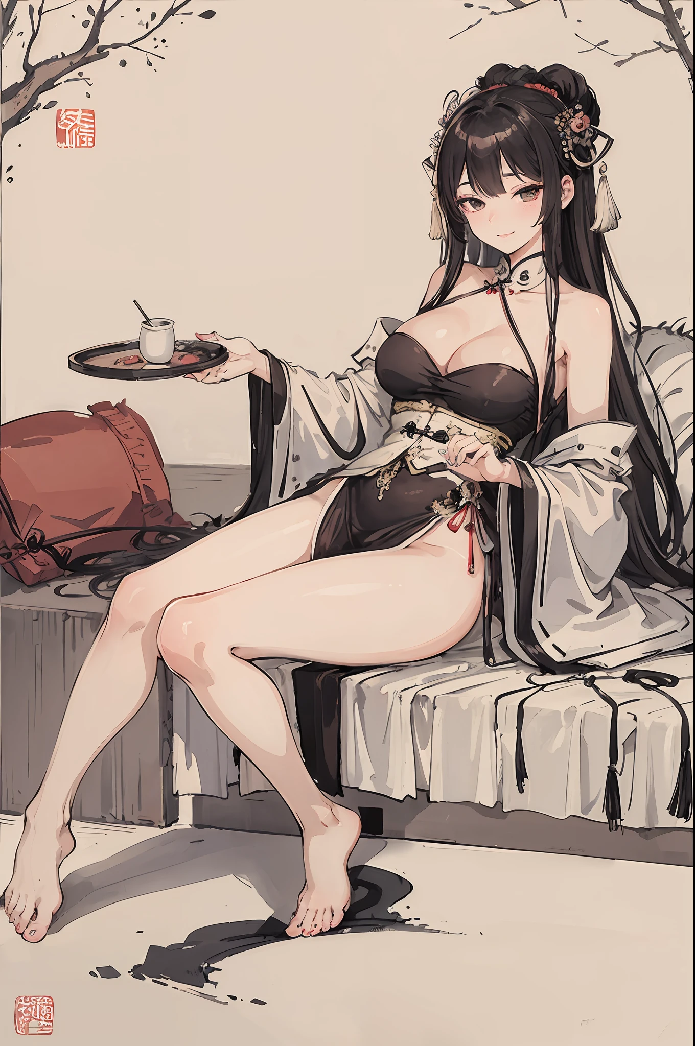Anime girl in a black dress sitting on a bench with a plate - SeaArt AI