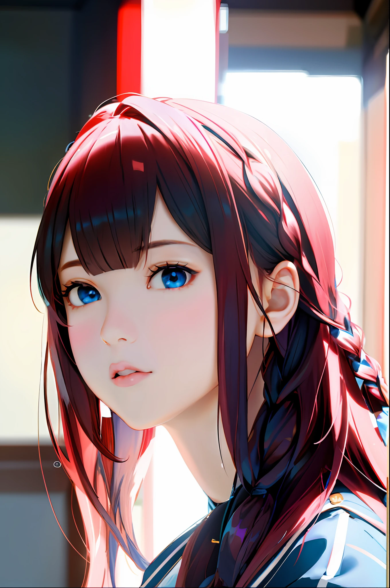 (Masterpiece, Side view, Fine Eyes: 1.2), Masterpiece*Portrait, Realistic, 3D Face, Glowing eyes, Glossy hair, Glossy skin, Solo, Embarrassing, (Abdomen), Pink hair, Blue eyes, Braid hair, Blunt bangs,