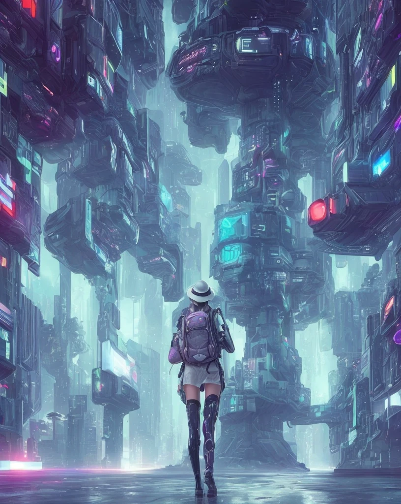 the future cyber dystopia, a futuristic sci-fi girl in a hat wearing a backpack, facing away from the viewer