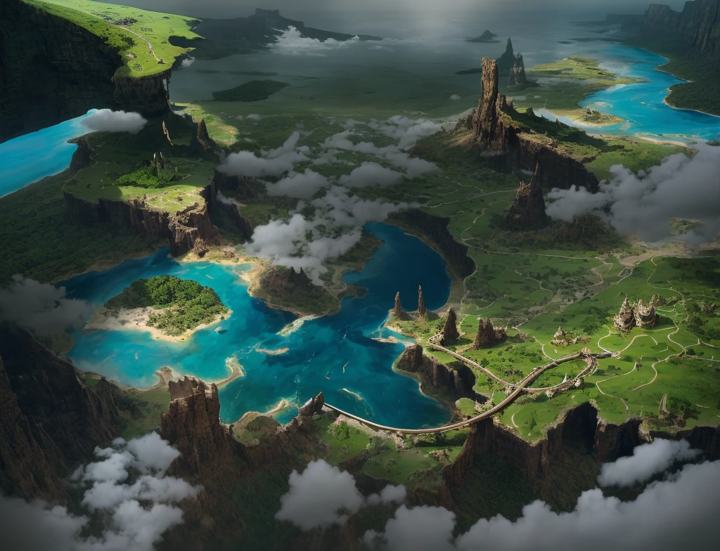 Alafid view of Big Island with river, woods, sandy beaches, grasslands, mesas, mountains, game map mask painting, concept art highly detailed, Final Fantasy VLL world concept, Dota frosted painting concept art, highly realistic concept art, Dota! Matte Painting Concept Art, Highly Detailed Concept Art, Conceptual World Art, Matte Painting Mysterious Dota Pixar, 3D Rendering and Matte Painting, Clean, Clear,