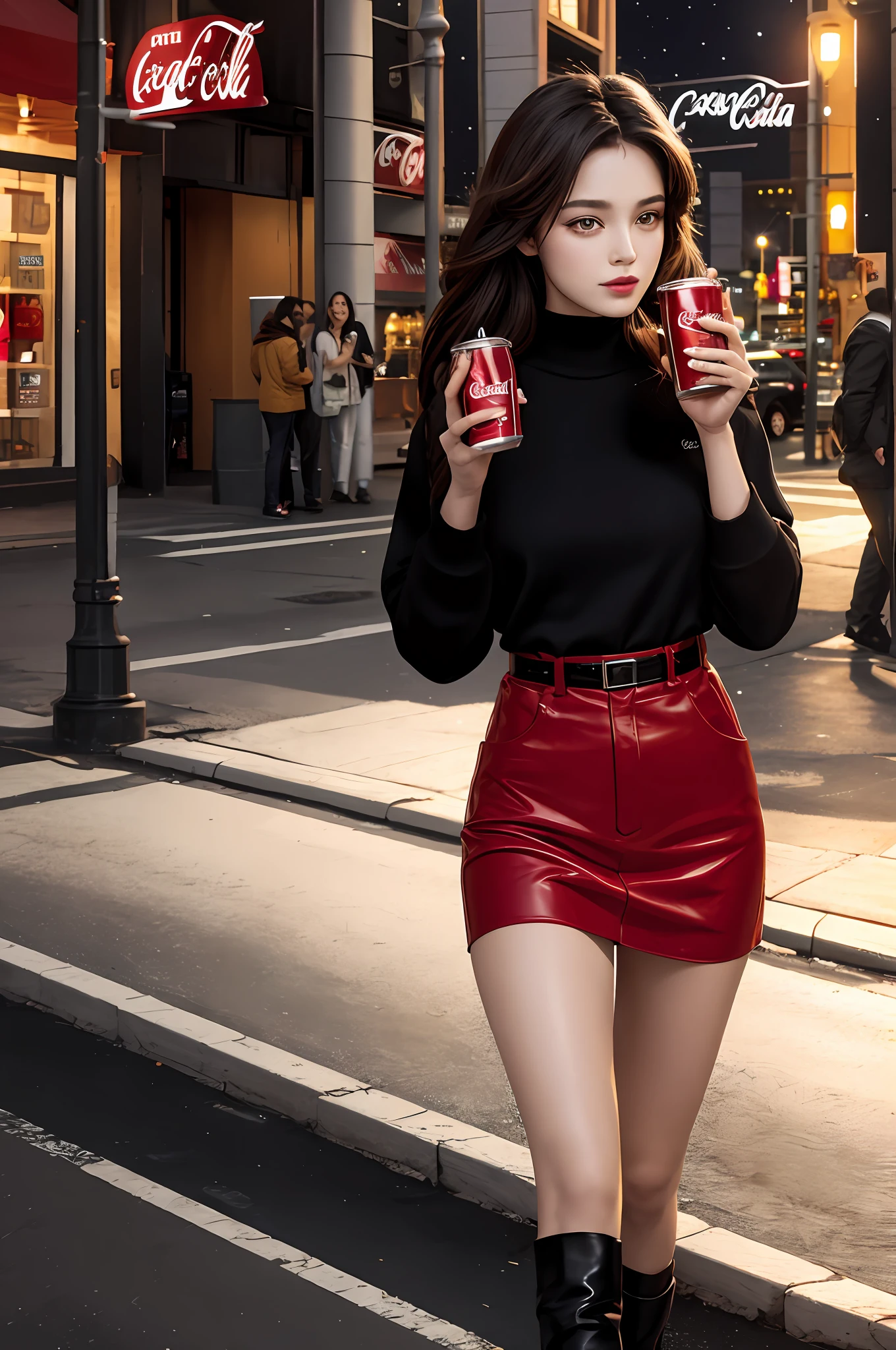 Beautiful girl modern fashion drink Coca-Cola, cinematic style,8k resolution, soft lighting,
