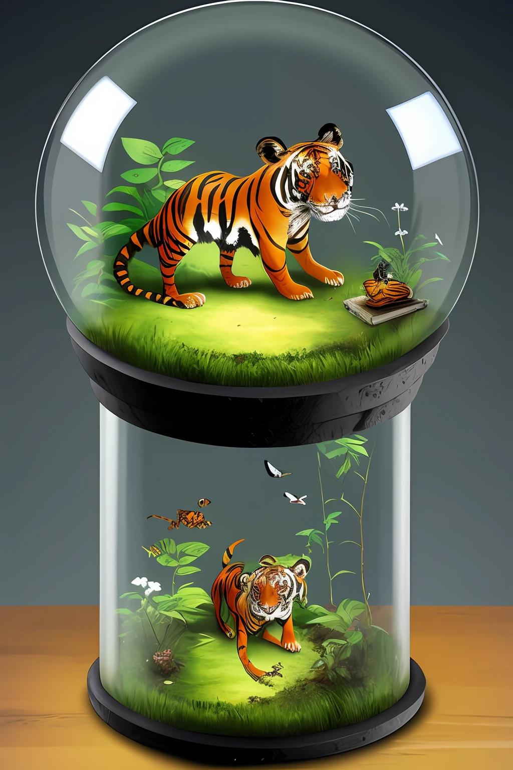 round glass ant habitat containing several ants which are guarded by a tiger, fantasy, art, comic style