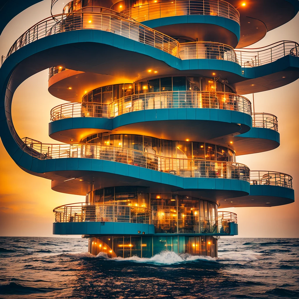 ultra hyper realistic award winning 4 story oval wavy curved wonky narrow tower building built in the ocean with giant pillar tubes holding the building up by itself alone in the middle of the ocean of water outside made from random built scaffolding, plastic corrugated tubing recycled material of plastic exoskeleton transparent plastic wraparound the building blown in wind making bubble shapes post apocalyptic structure and bubble plastic blown by heavy wind sheets distorted shapes as windows on choppy water ocean, inside are muted warm lights of mix colours red yellow shining, structure standing on a ocean in complete darkness of night, raining is pouring, wet and stormy, a outside people walking around, silhouette of people sitting down reading books people inside the rooms lots of people fishing from the rooms dramatic, dark, sharp focus, 8k