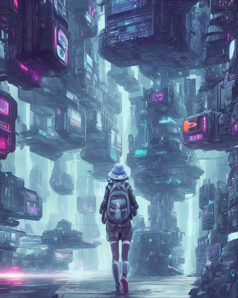 the future cyber dystopia, a futuristic sci-fi girl in a hat wearing a backpack, facing away from the viewer