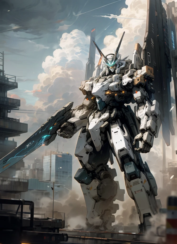 Sky, Clouds, holding_weapon, no_humans, Glow, Mecha, Architecture, glowing_eyes, Mecha, Science Fiction, City, Reality, Mecha, High Detail, Very Detailed, High Quality, (Ultra Wide Angle), Long Range