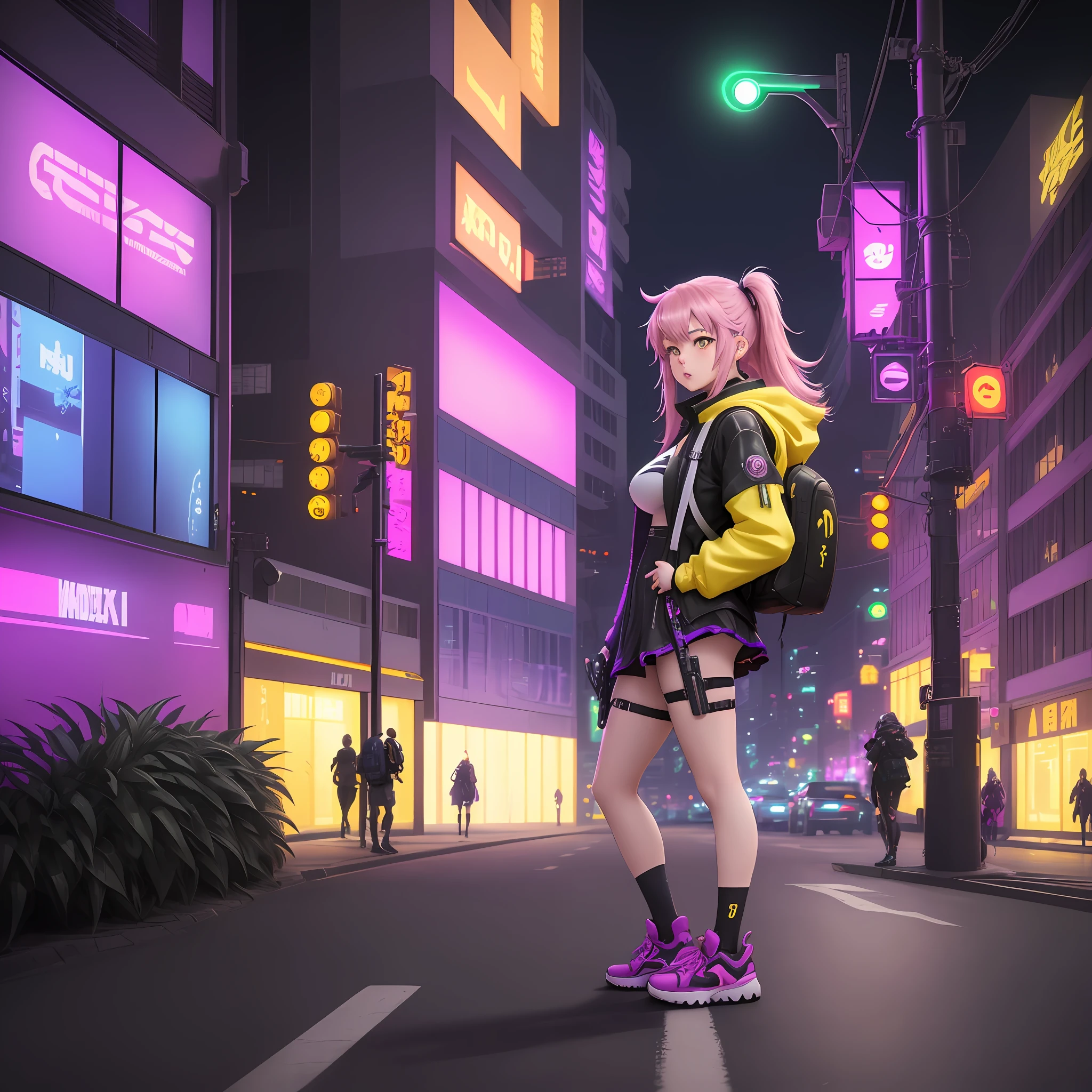 anime character with gun and backpack standing on a city street, digital cyberpunk anime art, cyberpunk anime girl, female cyberpunk anime girl, cyberpunk anime art, cyberpunk anime art, , cyberpunk mech anime girl, pink long haired, technology, chaotic futuristic city, yellow jacket, futuristic backpack and gadgets, rgb,  neon, yellow eyes, 4k, anime, oppai, boobs, sexy, black backpack neo purple, background cars, sexy ropa, yellow jacket neon yellow sneakers, pink and yellow clothing, destroyed city