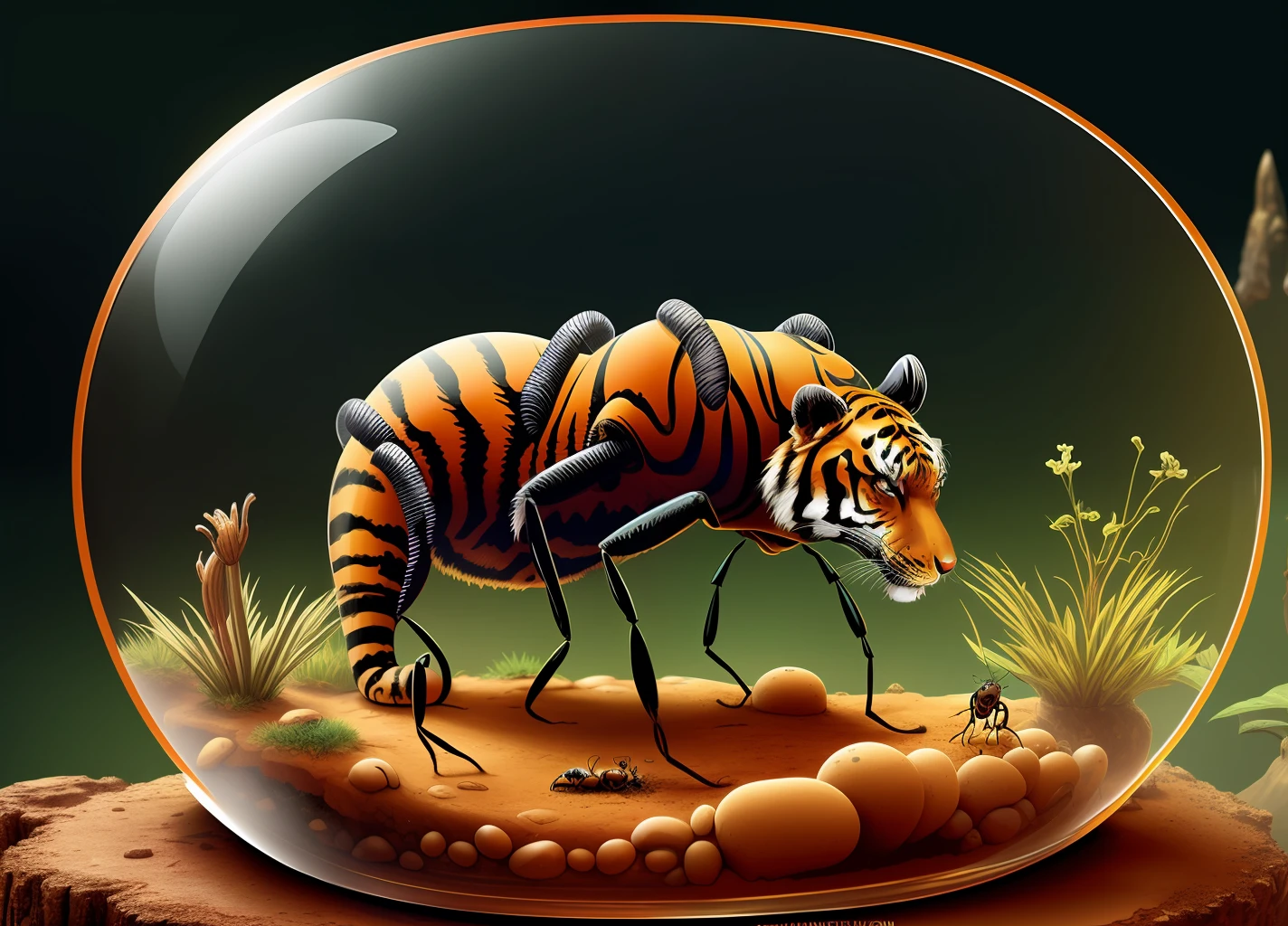 round glass ant habitat containing several ants which are guarded by a tiger, fantasy, art, comic style