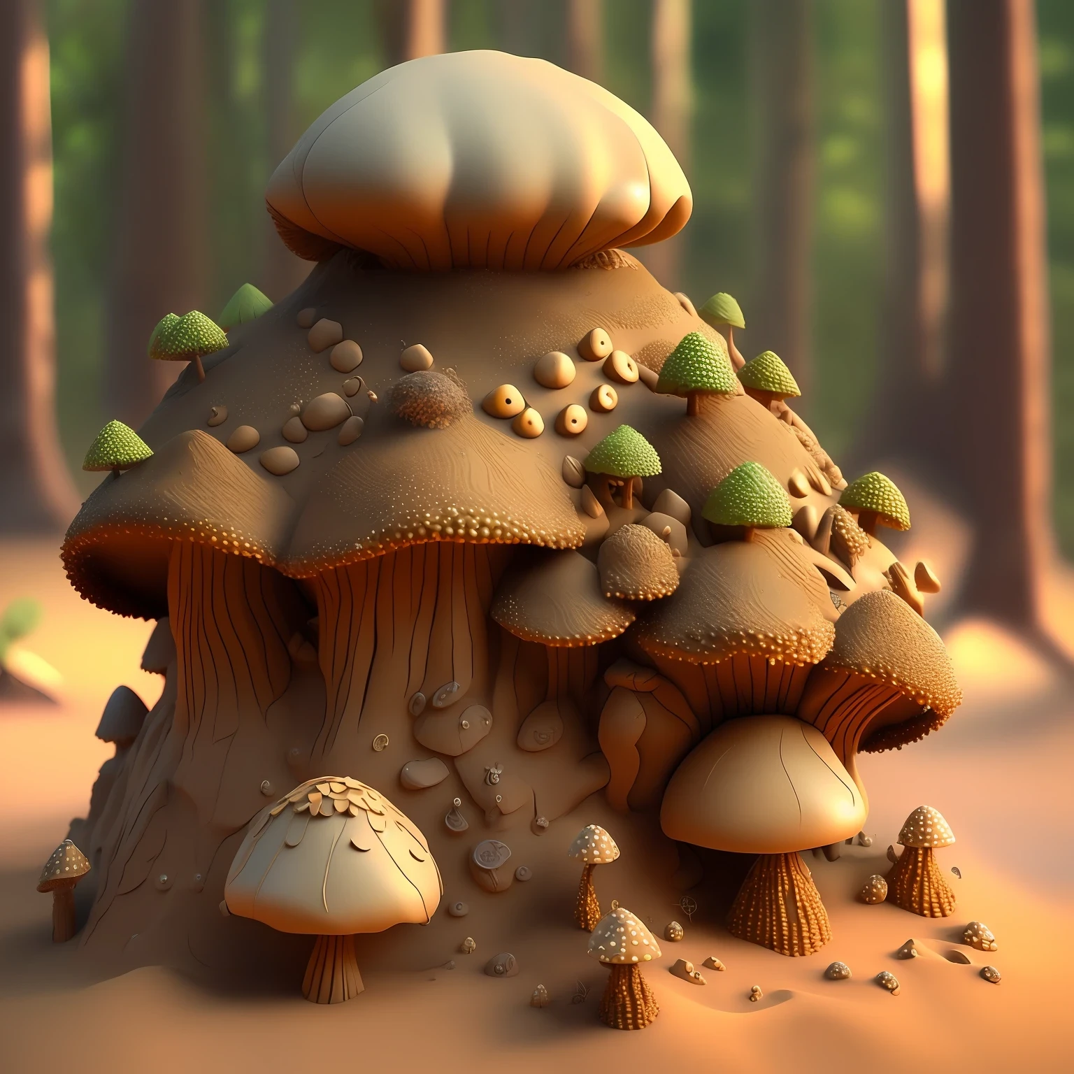 An 3D anthill made of sands and big toadstool , forest atmosphere