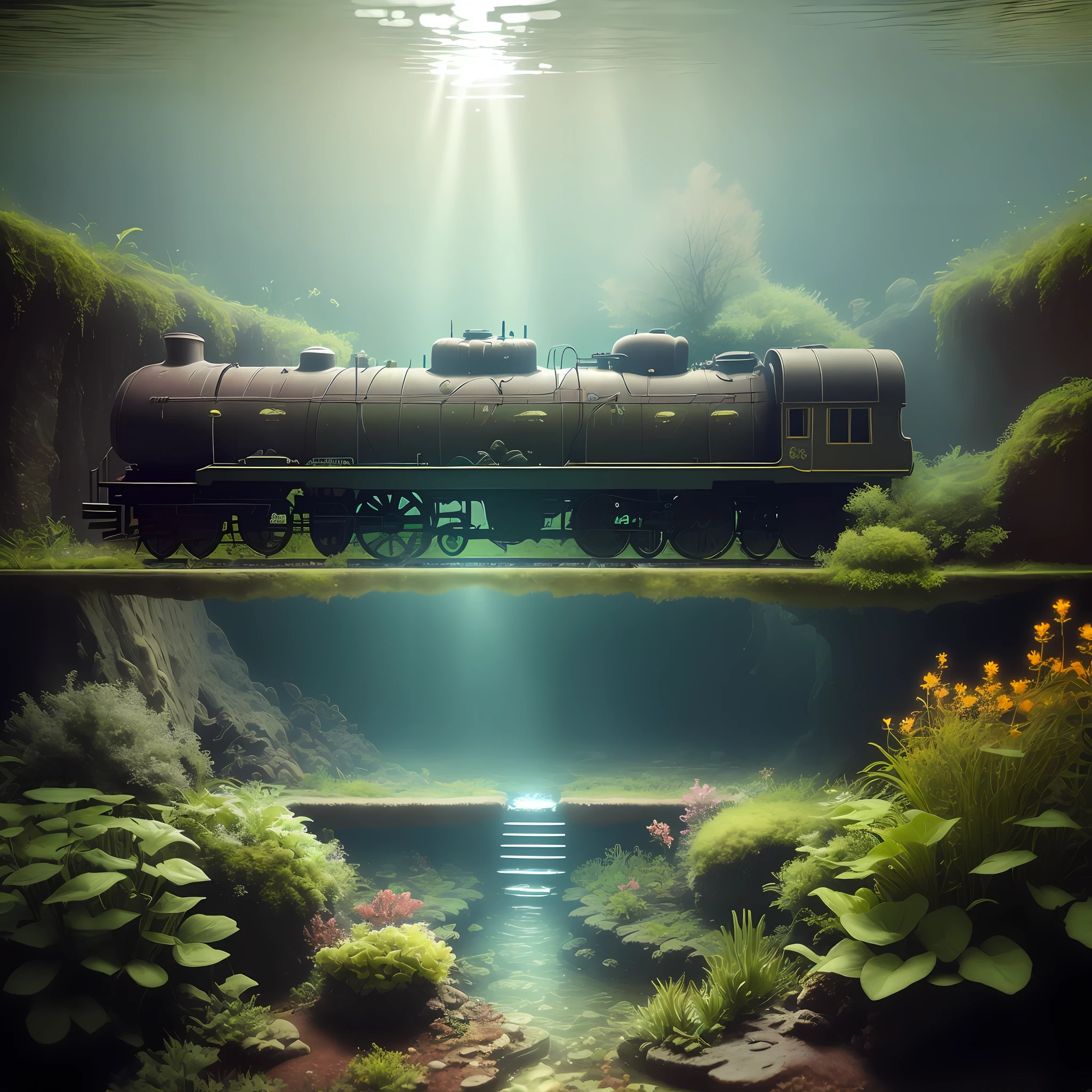 An underwater urbex guerilla garden with a steam train floating effortlessly, underwater ::directional light, cinematic, alcohol ink and cinematic, saudek and sorayama ::hyperrealistic --ar 3:2 --q 2 --upbeta --s 750 --v 5.1