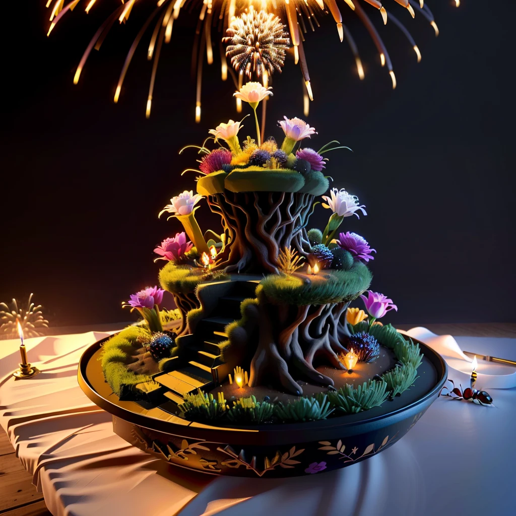 set up birthday anthill realistic habitat, two candles and fireworks, queen ants on top in realistic 3d fantasy habitat 4k