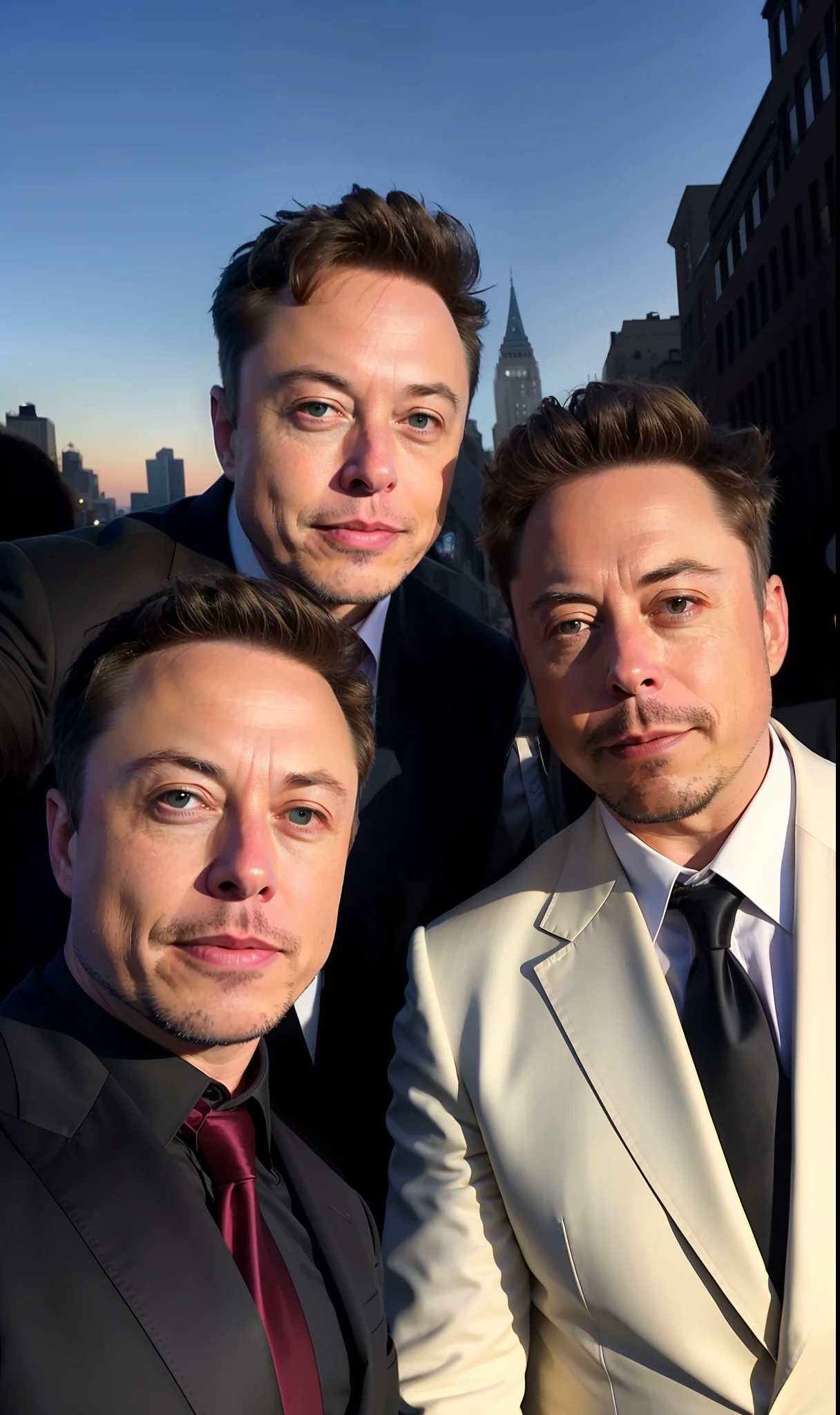 ((2 men)),selfie photo of elon musk with Robert Downey Jr in Soho New York, wearing Giorgio Armani suit, sunset,4k.