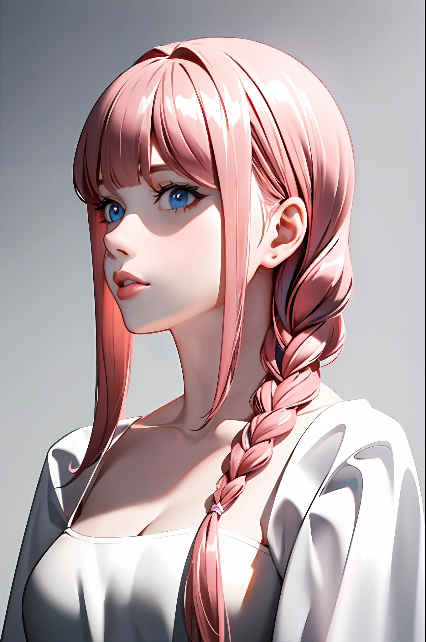 (Masterpiece, Side view, Fine Eyes: 1.2), Masterpiece*Portrait, Realistic, 3D Face, Glowing eyes, Glossy hair, Glossy skin, Solo, Embarrassing, (Abdomen), Pink hair, Blue eyes, Braid hair, Blunt bangs,