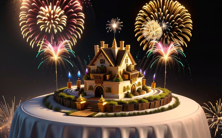 set up realistic birthday anthill habitat, two candles and fireworks, with queen on top, realistic, hd, art, 3d, 4k