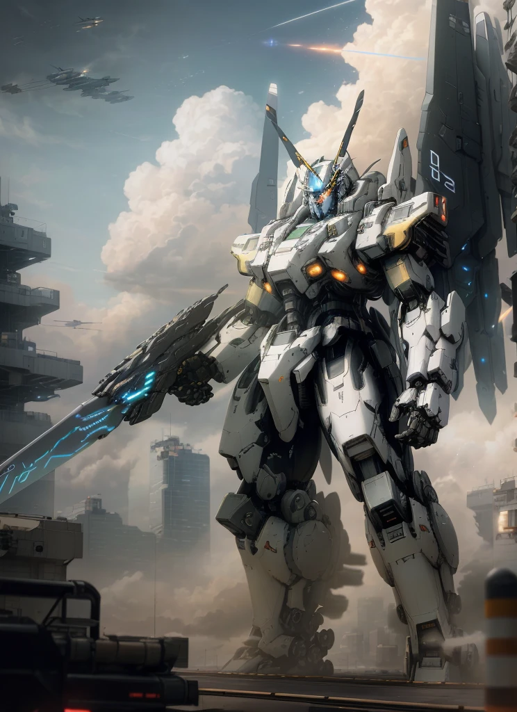 Sky, Clouds, holding_weapon, no_humans, Glow, Mecha, Architecture, glowing_eyes, Mecha, Science Fiction, City, Reality, Mecha, High Detail, Very Detailed, High Quality, (Ultra Wide Angle), Long Range, (There Are Sci-Fi Warplanes in the Sky), Regenerate Face Mecha,