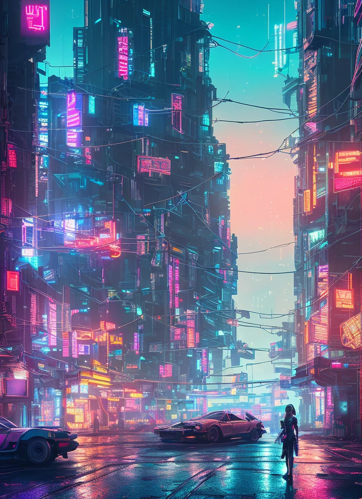 (an artistic photograph of a cyberpunk prostitute),full body shot, centered, (extremely detailed:1.2), (intricate neon slums in the background:1.1), hyper-detailed, (soft lighting:1.2), high resolution, filmic grain.hdr,レイトレーシング
