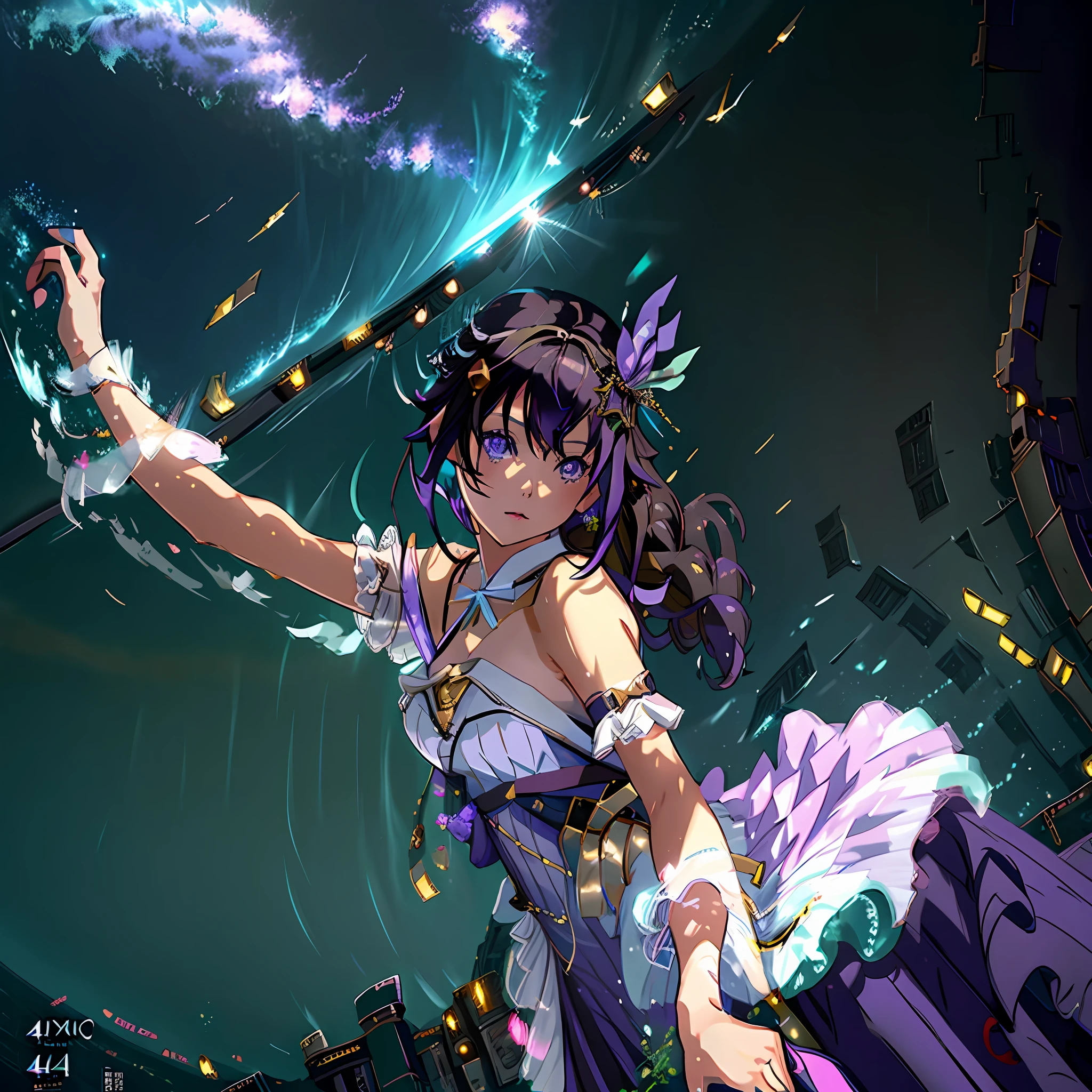 Anime character,Anime character, 1girl,solo, beautiful purple dress, beautiful, wearing a dress,dark green hair, beautiful eyes,concert,close up shot,8k,64k, HD, unparalleled masterpiece, dynamic lighting, cinematic, epic, highest quality digital art, absolutely stunning art,best digital art, wallpaper 4k, highest resolution,