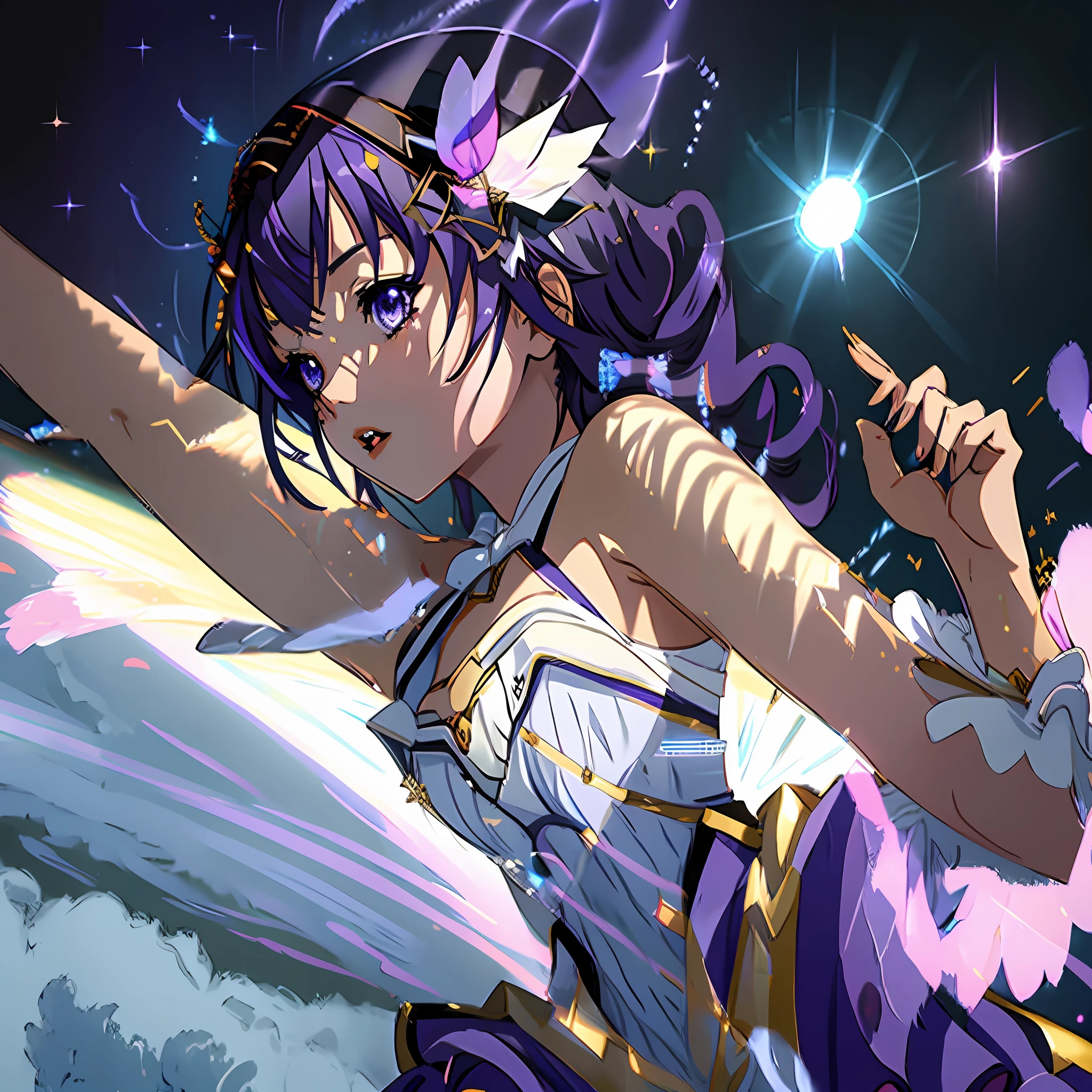 Anime character,Ai hoshino 1girl,solo, beautiful purple dress, beautiful, wearing an idol dress,purple hair, sparkling eyes,concert,dance pose,close up shot,8k,64k, HD, unparalleled masterpiece, dynamic lighting, cinematic, epic, highest quality digital art, absolutely stunning art,best digital art, wallpaper 4k, highest resolution,