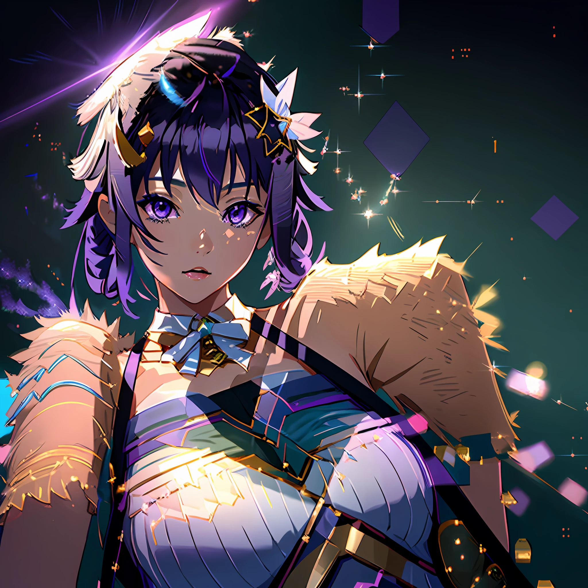 Anime character,Ai hoshino, beautiful, wearing an idol dress,purple hair, sparkling eyes,concert,dance pose,close up shot,8k,64k, HD, unparalleled masterpiece, dynamic lighting, cinematic, epic, highest quality digital art, absolutely stunning art,best digital art, wallpaper 4k