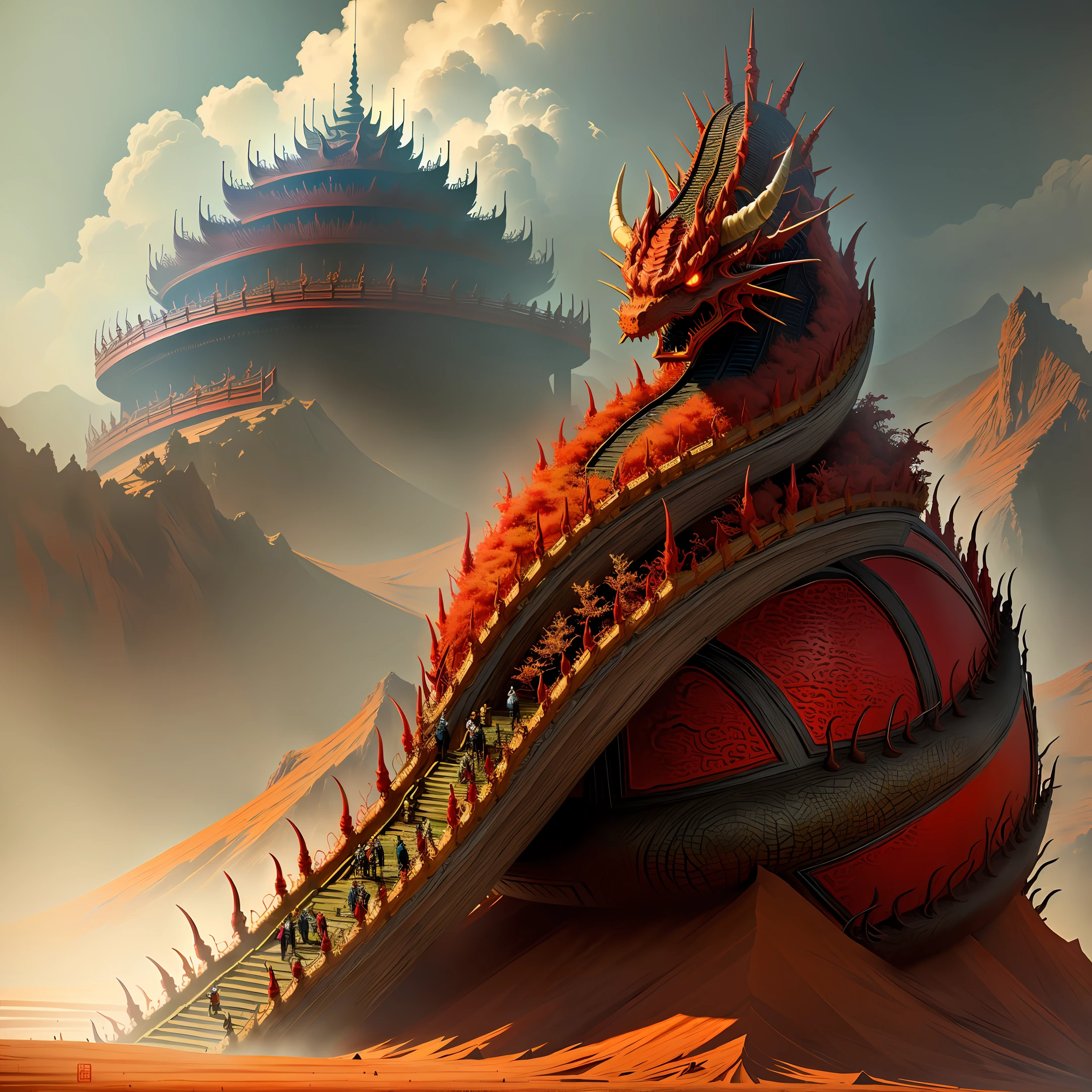 anthill covered with chinese dragon, horror style, fantasy, art