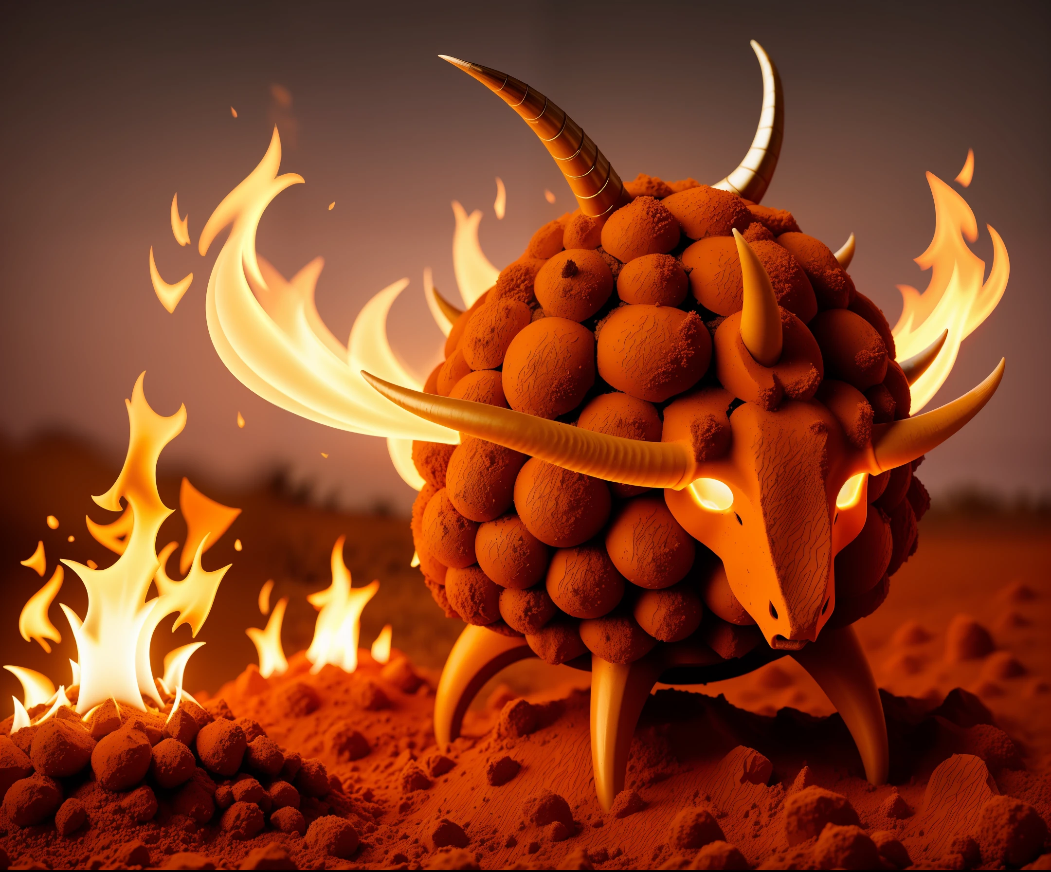 Anthill skin with horns on fire 4k