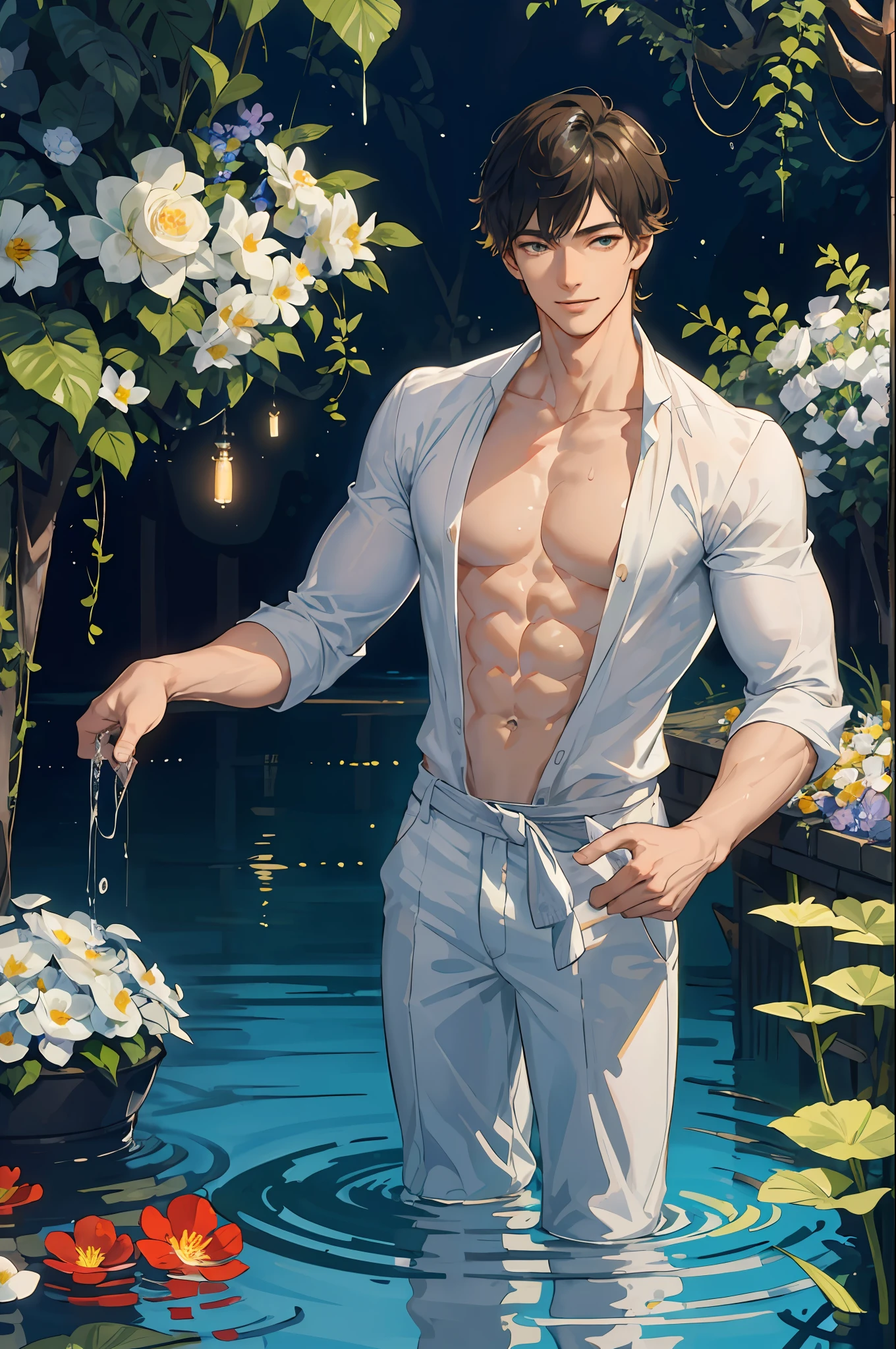 Masterpiece, best quality, 1 male, adult, tall muscles, handsome, delicate eyes, intricate details, clear water, colorful flowers, boy's body immersed in water, smile, aesthetic, romantic, dreamy, firefly light