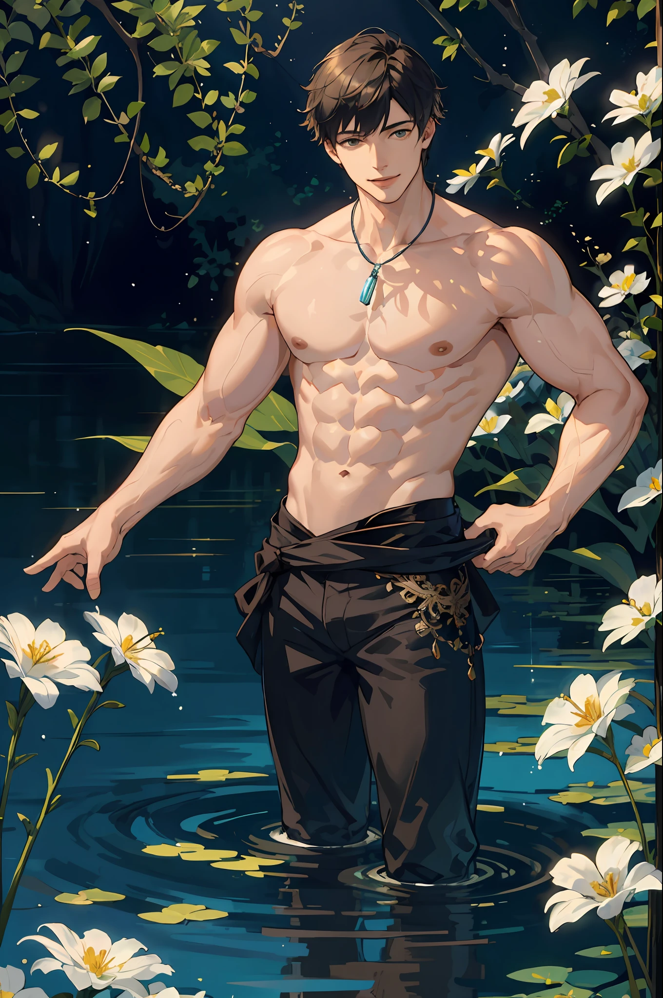 Masterpiece, best quality, 1 male, adult, tall muscles, handsome, delicate eyes, intricate details, clear water, colorful flowers, boy's body immersed in water, smile, aesthetic, romantic, dreamy, firefly light
