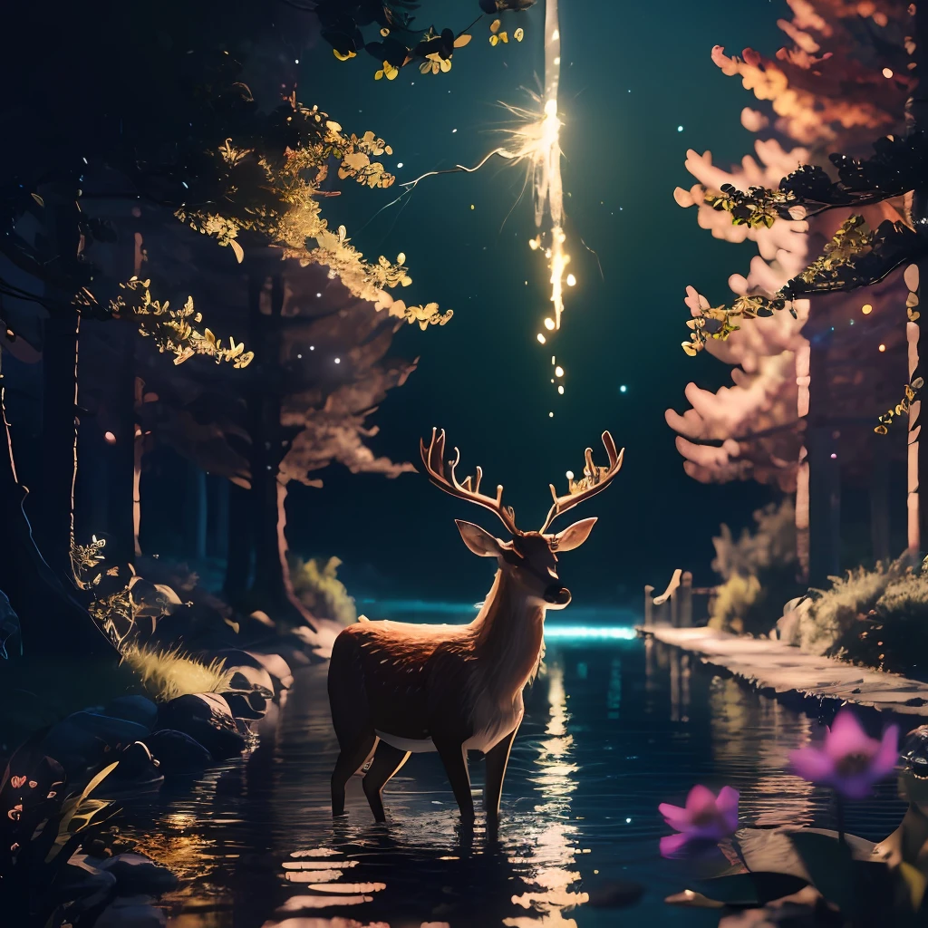 Masterpiece, best quality, (very detailed CG unified 8k wallpaper), (best quality), (best illustration), (best shadow), glowing elf with a glowing deer, drinking water in the pool, natural elements in forest theme. Mysterious forest, beautiful forest, nature, surrounded by flowers, delicate leaves and branches surrounded by fireflies (natural elements), (jungle theme), (leaves), (branches), (fireflies), (particle effects) and other 3D, Octane rendering, ray tracing, super detailed --v6, deer
