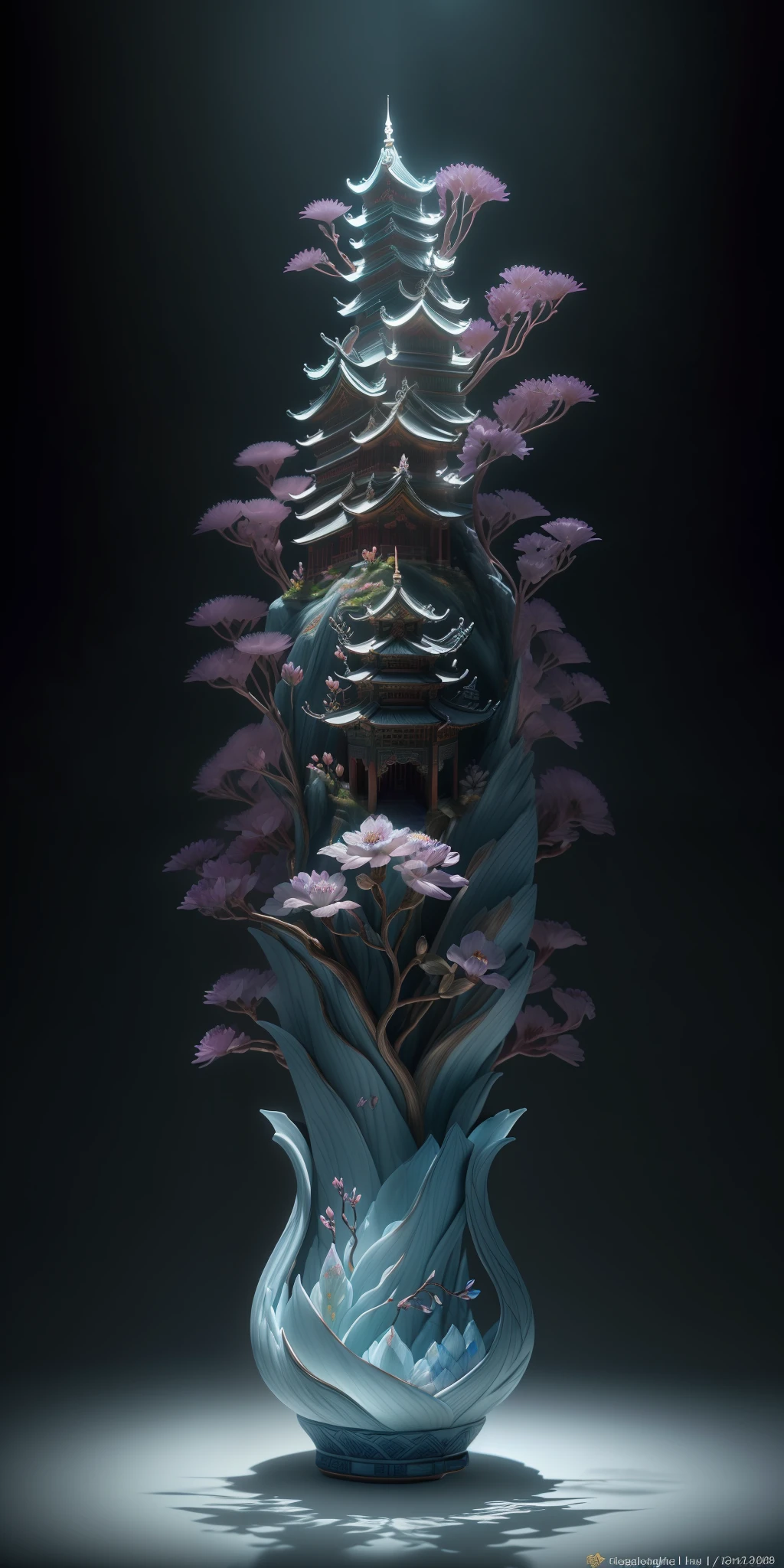 best quality, realistic, photorealistic,  ultra detailed, "Mountain of Flower and Fruit+Fairy+Chinese Architecture" highly detailed carving on "southern ice" porcelain,Ultra wide angle,Accent Lighting,Volumetric Lighting,backlighting, (detailed light),((an extremely delicate and beautiful)),dramatic_shadow,ray_tracing,hdr