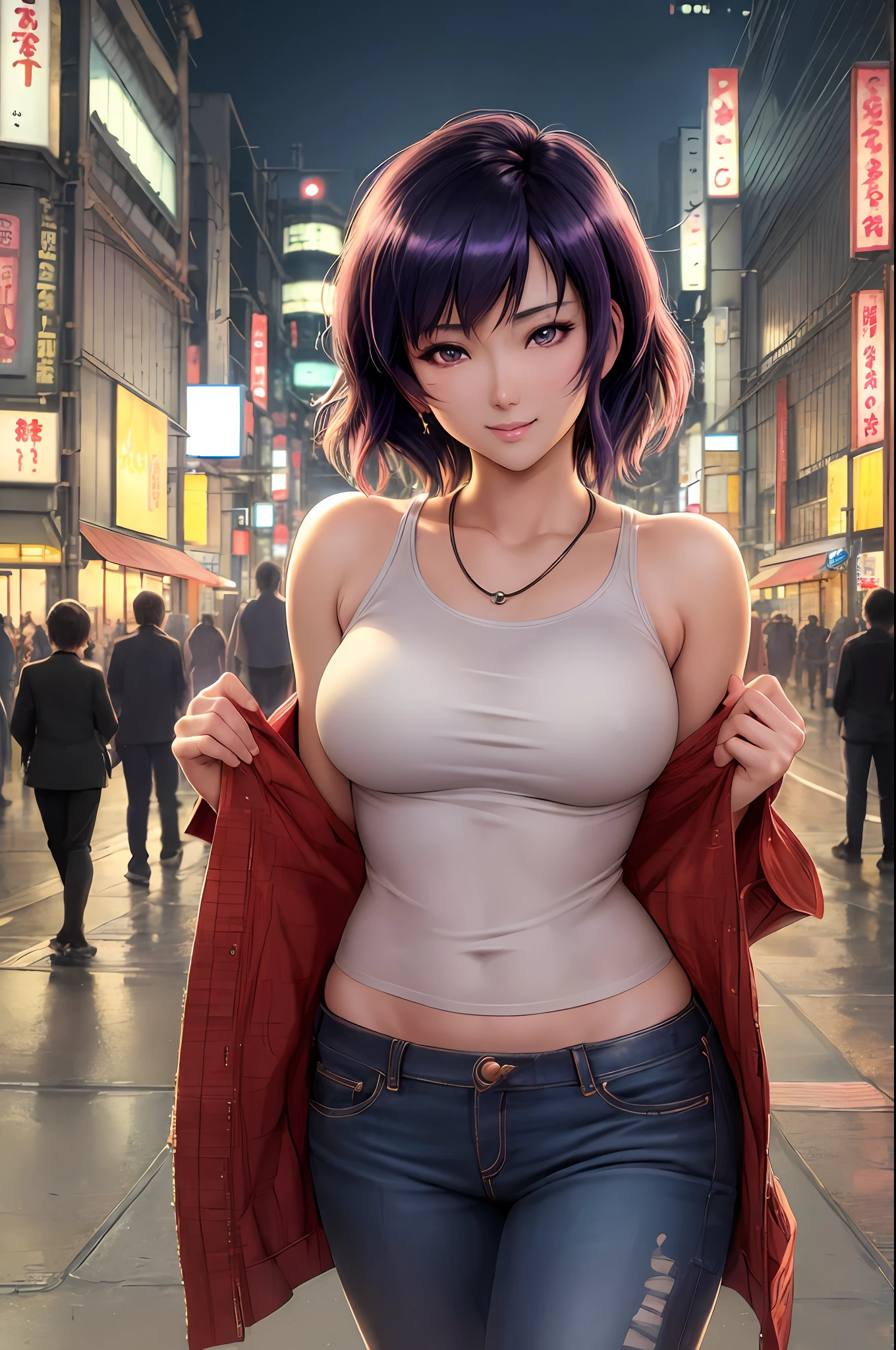 masterpiece, best quality, illustration, beautiful detailed, finely detailed, dramatic light, intricate details, 4k photo, high resolution, Intricate, High Detail, Sharp focus, Motoko Kusanagi, smile, cute, short hair, Tokyo, tanktop, short jeans, night, cyberpunk, neon lights, buildings, outdoors, street, low light